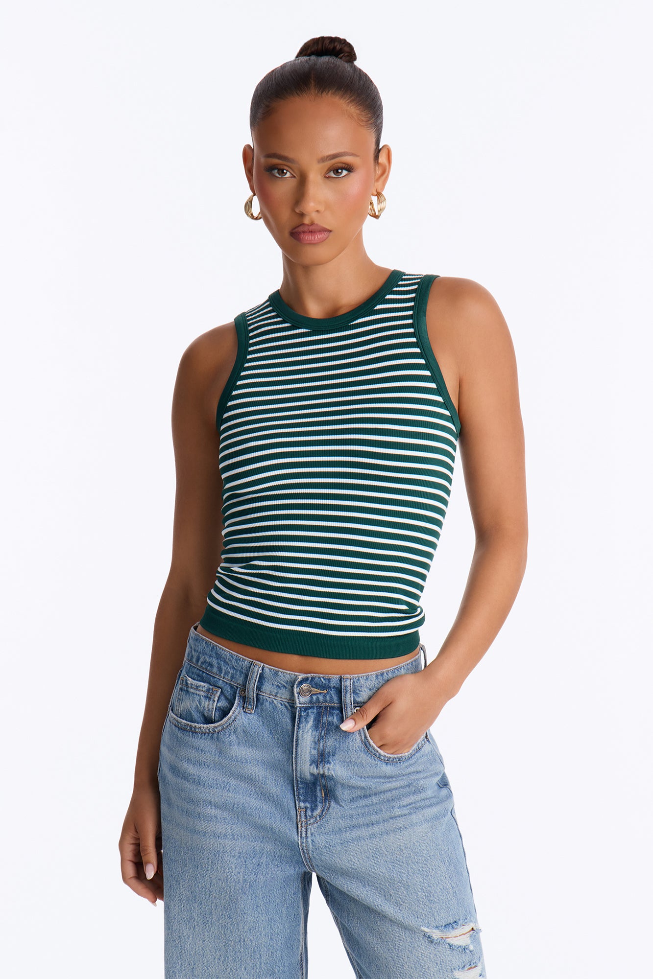 Rianna Ribbed Contrast Binding Stripped Crew Neck Tank Top - Green/combo