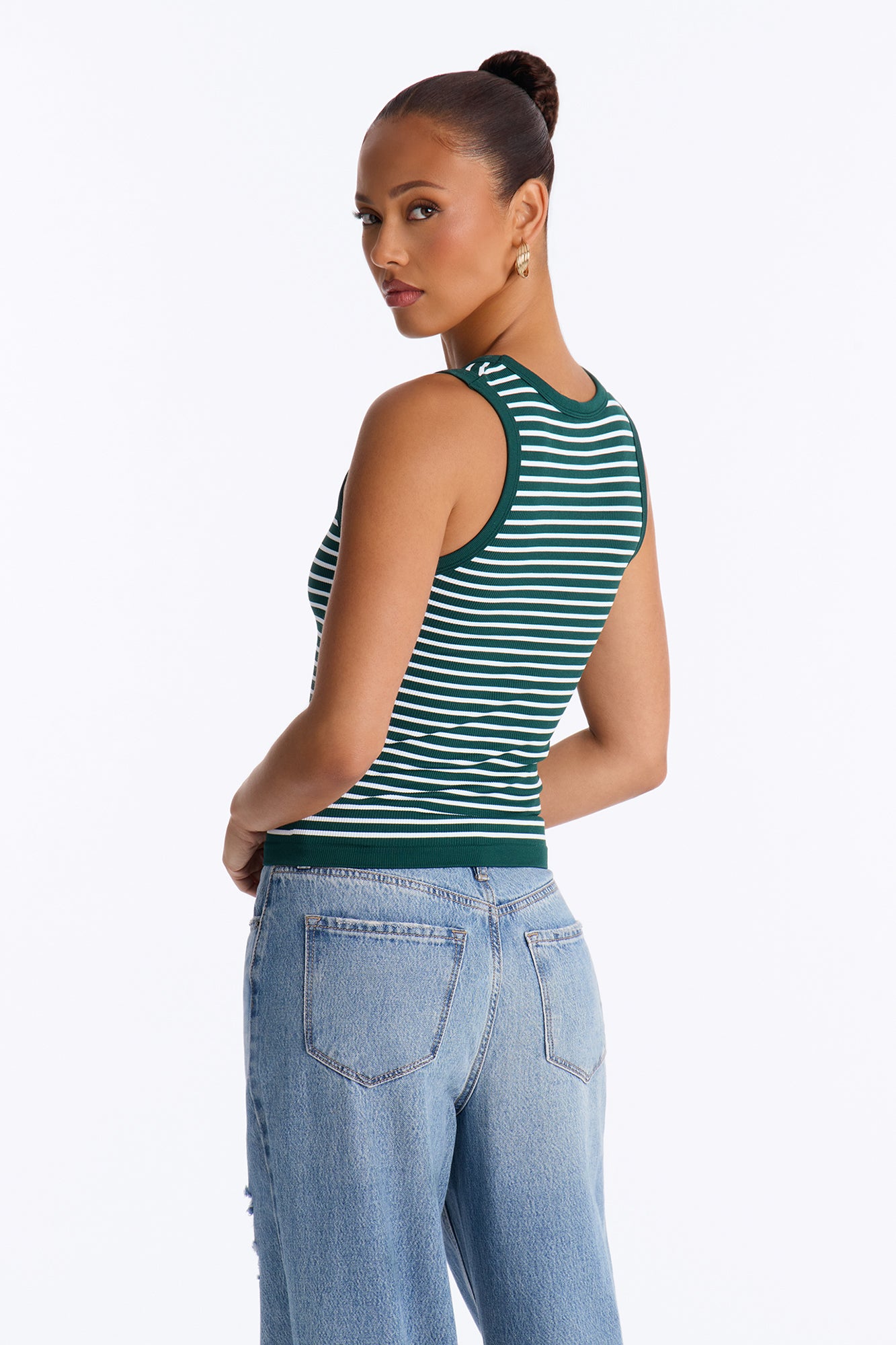 Rianna Ribbed Contrast Binding Stripped Crew Neck Tank Top - Green/combo