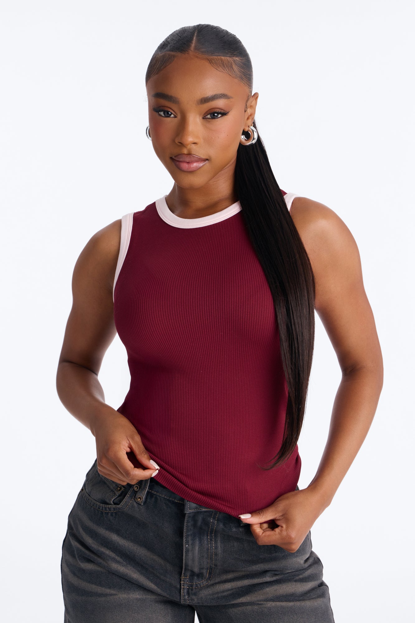 Rachel Ribbed Contrast Binding Crew Neck Tank Top - Burgundy/combo