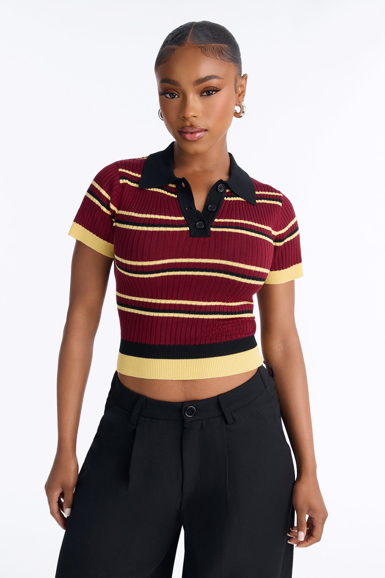 Gigi Short Sleeve Polo Sweater - Burgundy/combo
