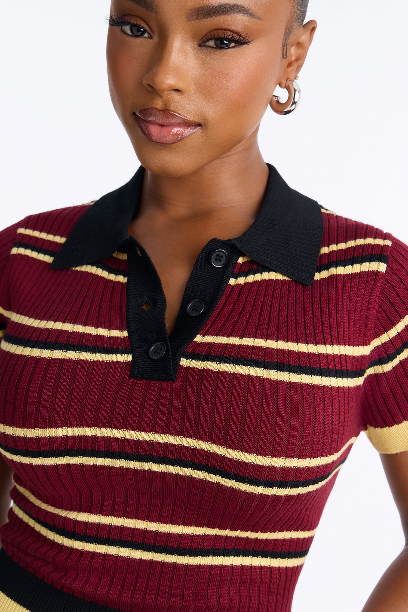Gigi Short Sleeve Polo Sweater - Burgundy/combo