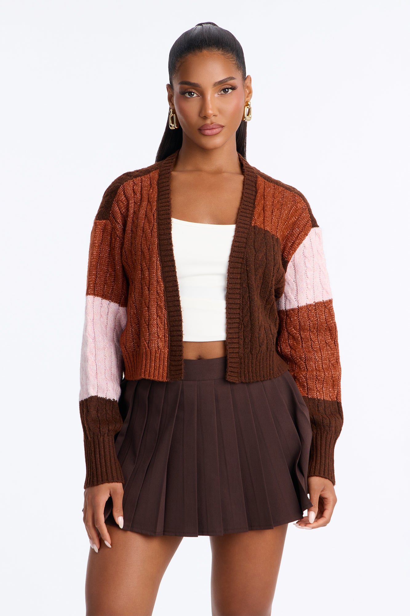 Amari Long Sleeve Cardigan - Brown/combo