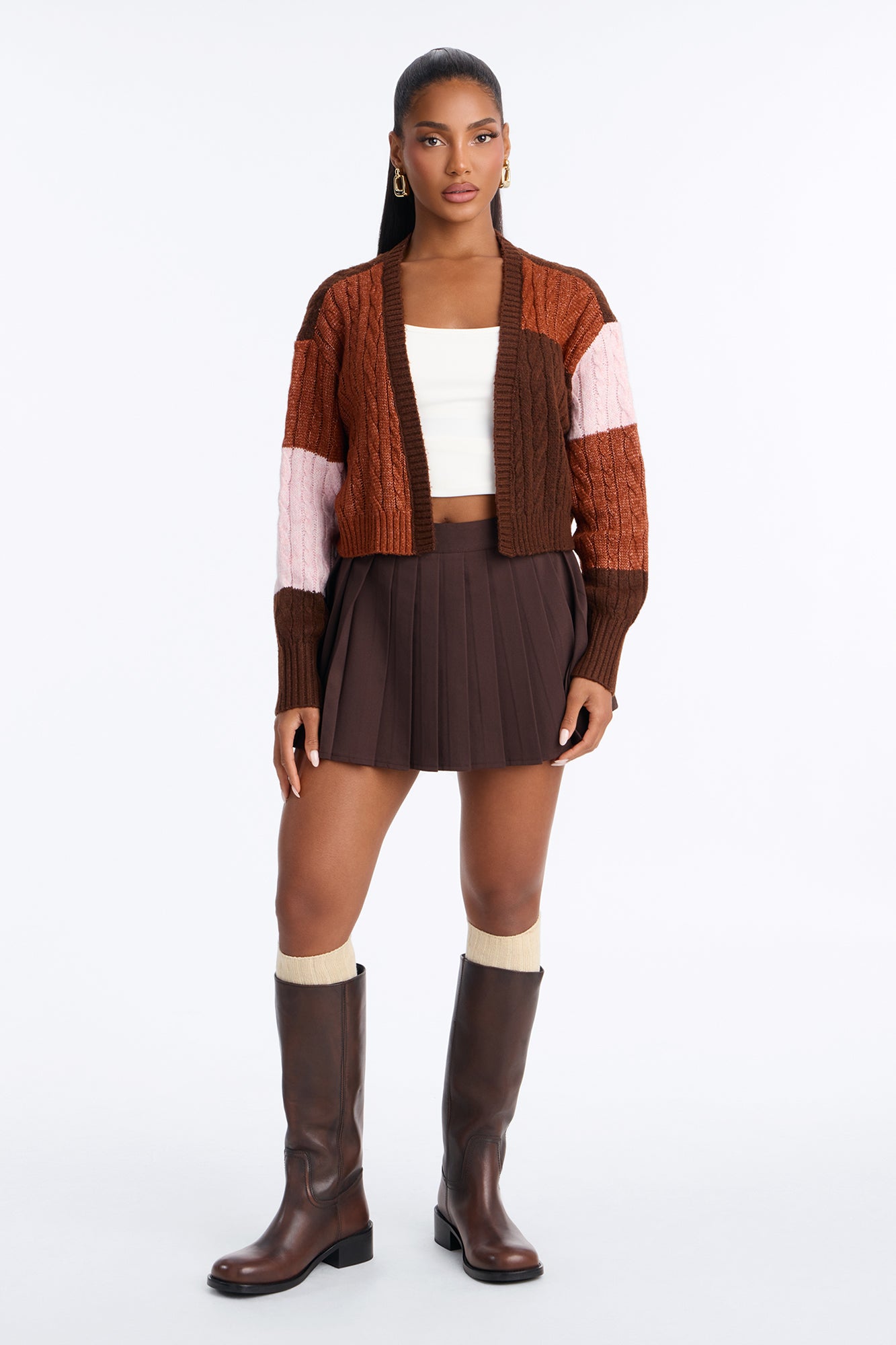 Amari Long Sleeve Cardigan - Brown/combo