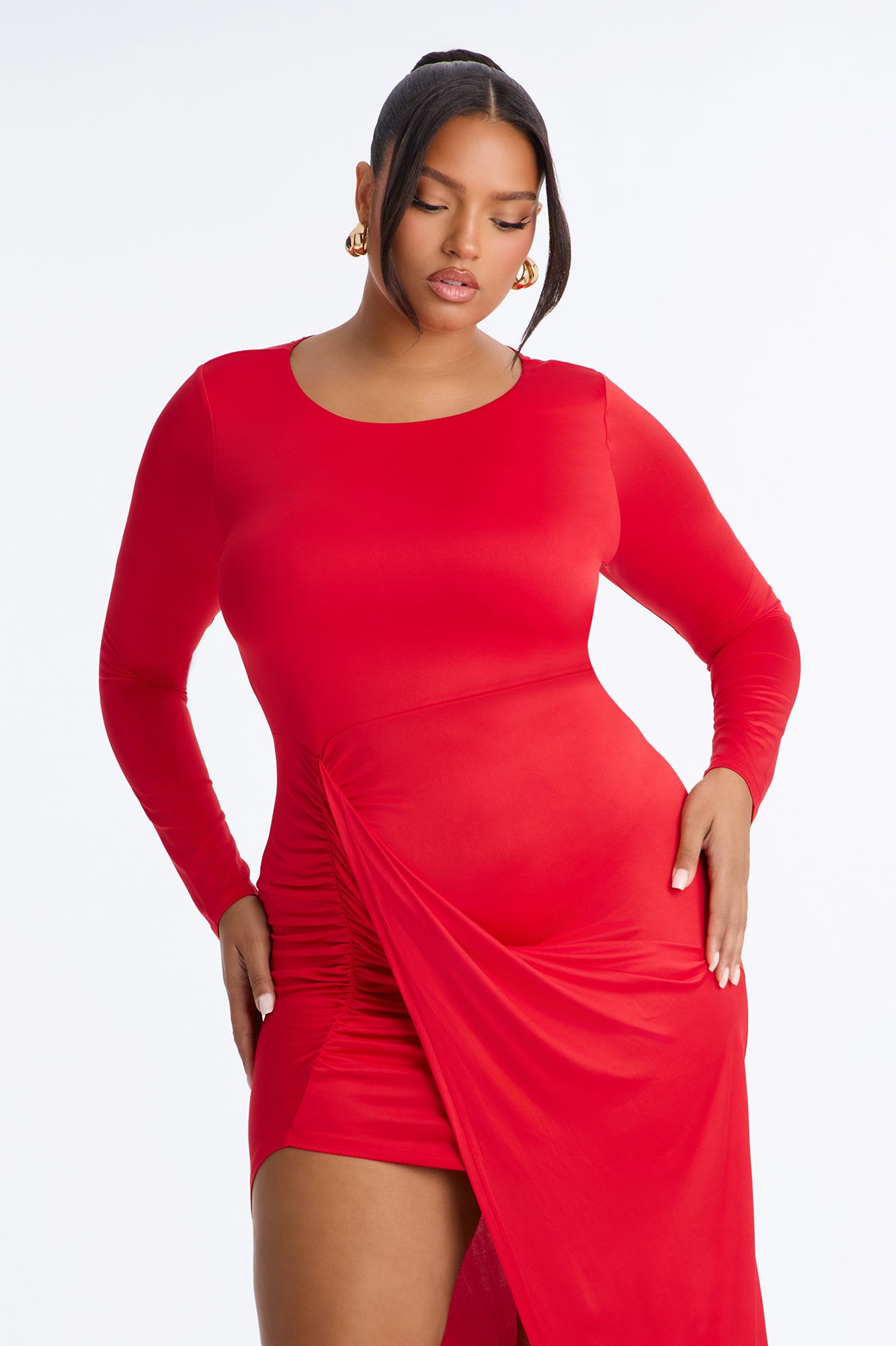 Lillien Ruched Draped Midi Dress - Red