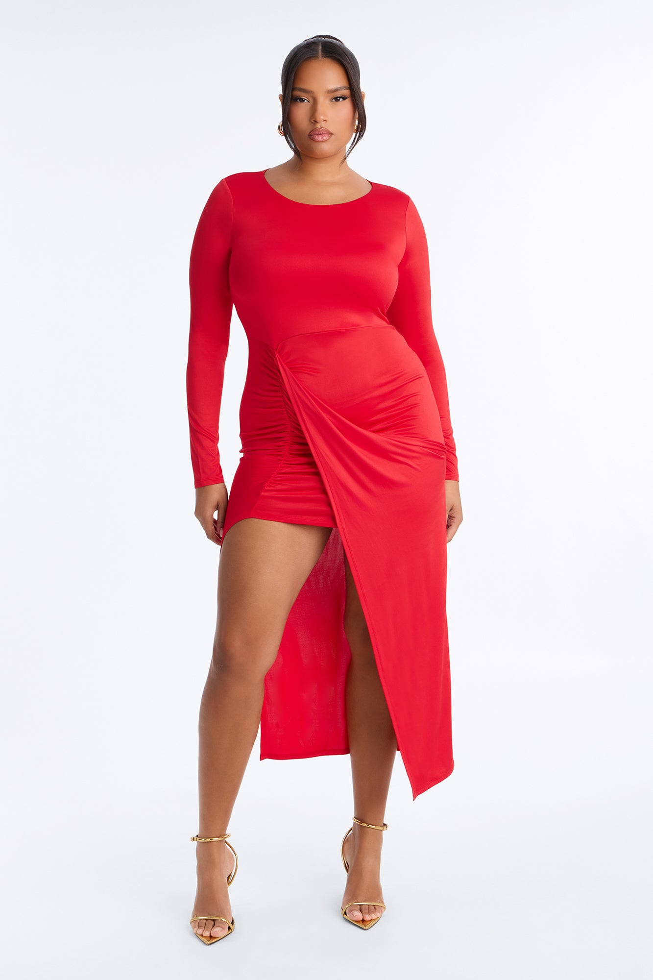 Lillien Ruched Draped Midi Dress - Red