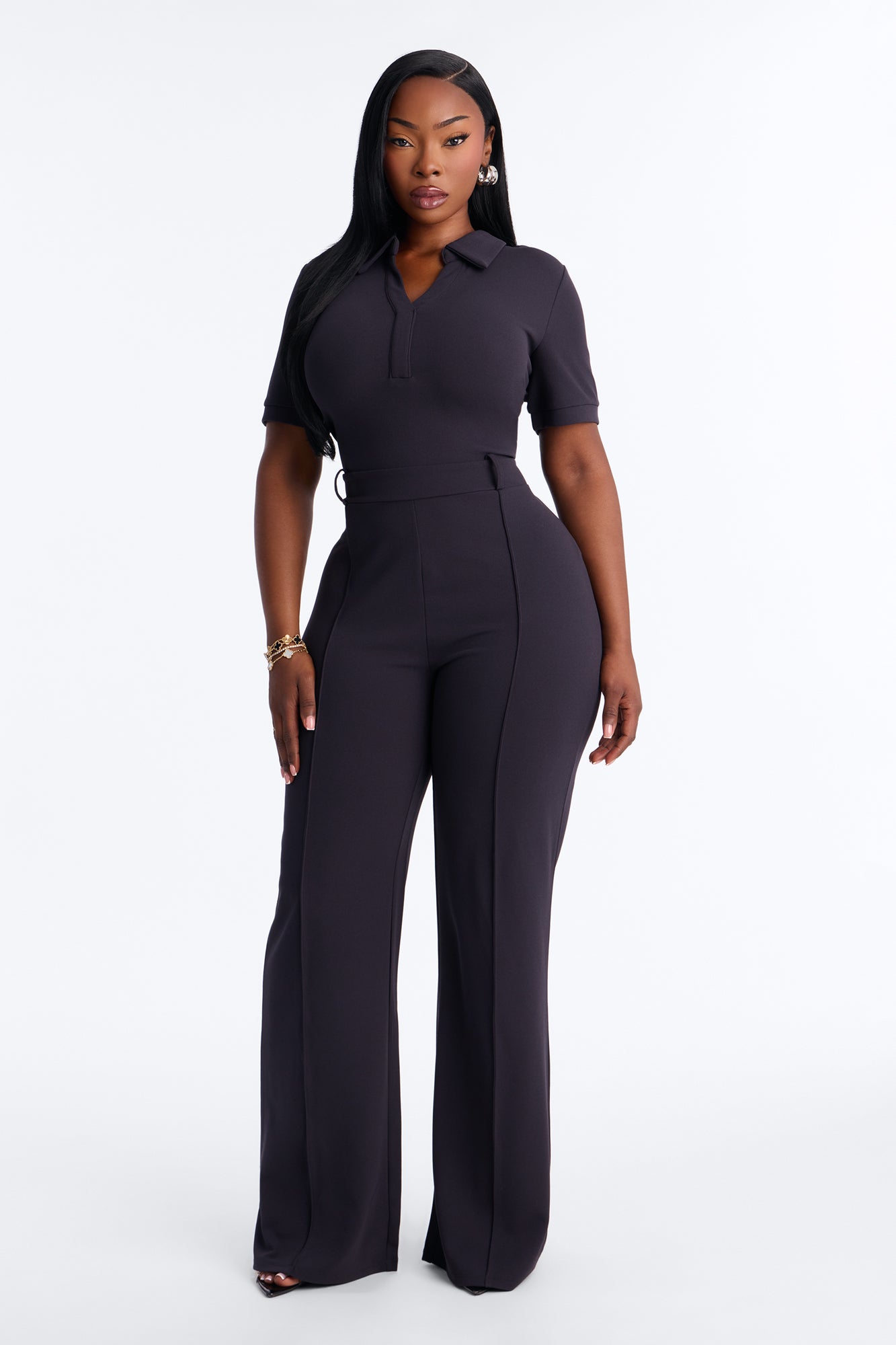 Angelique Belted Wide Leg Jumpsuit - Charcoal/combo