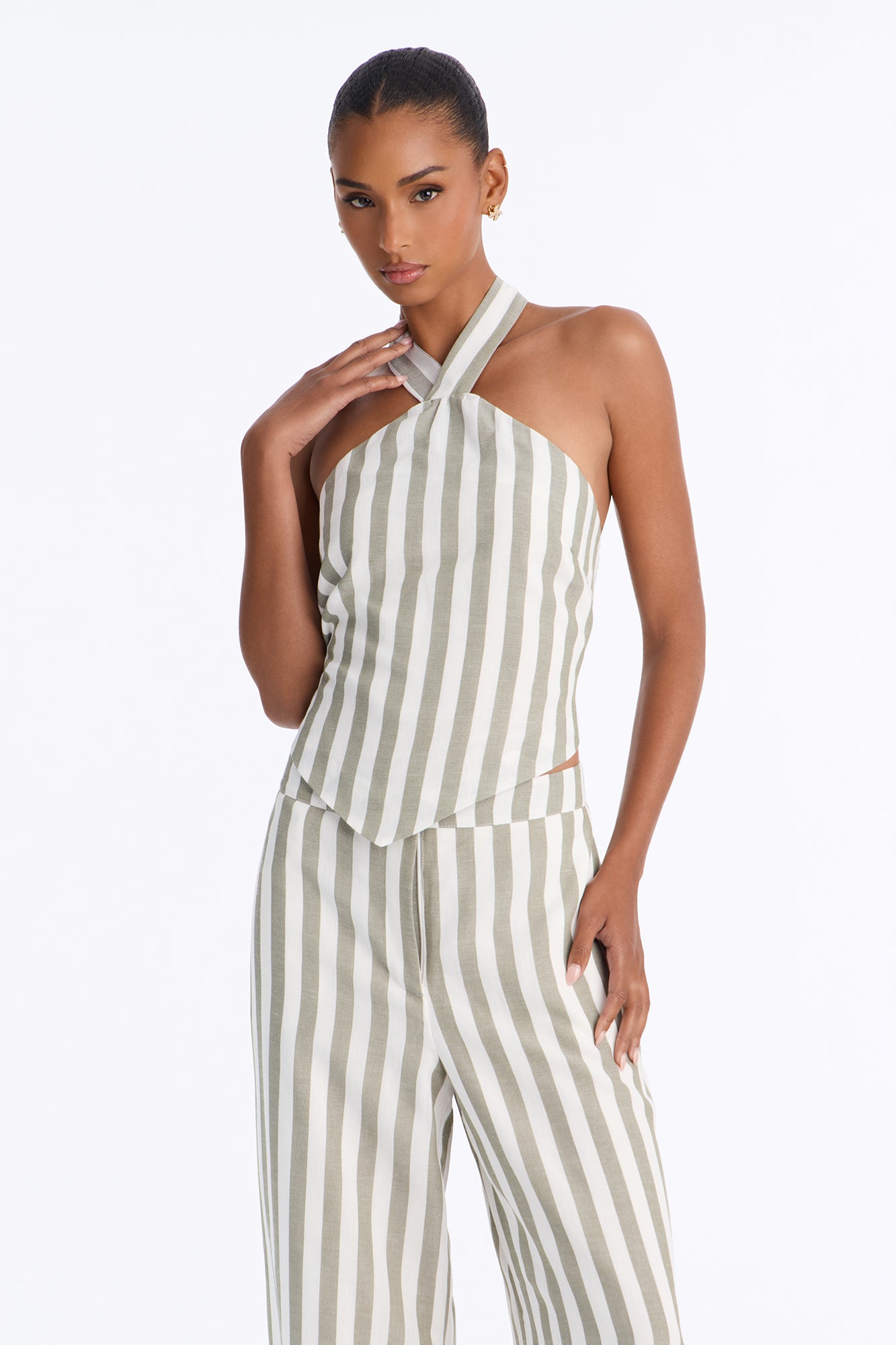Cruise Attire Striped Linen Halter Top - Olive/combo