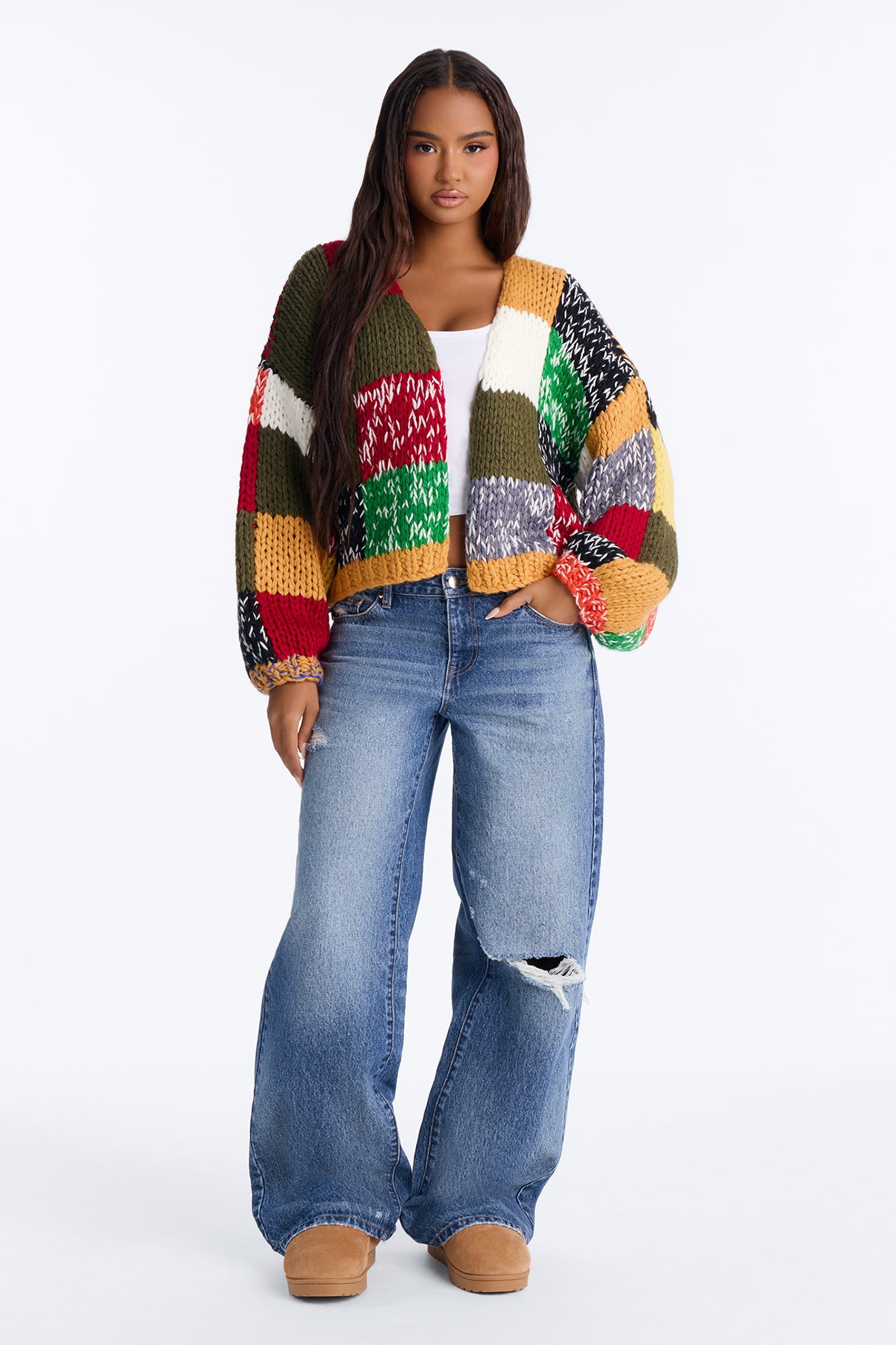 All The Vibes Chunky Knit Cardigan - Olive/combo