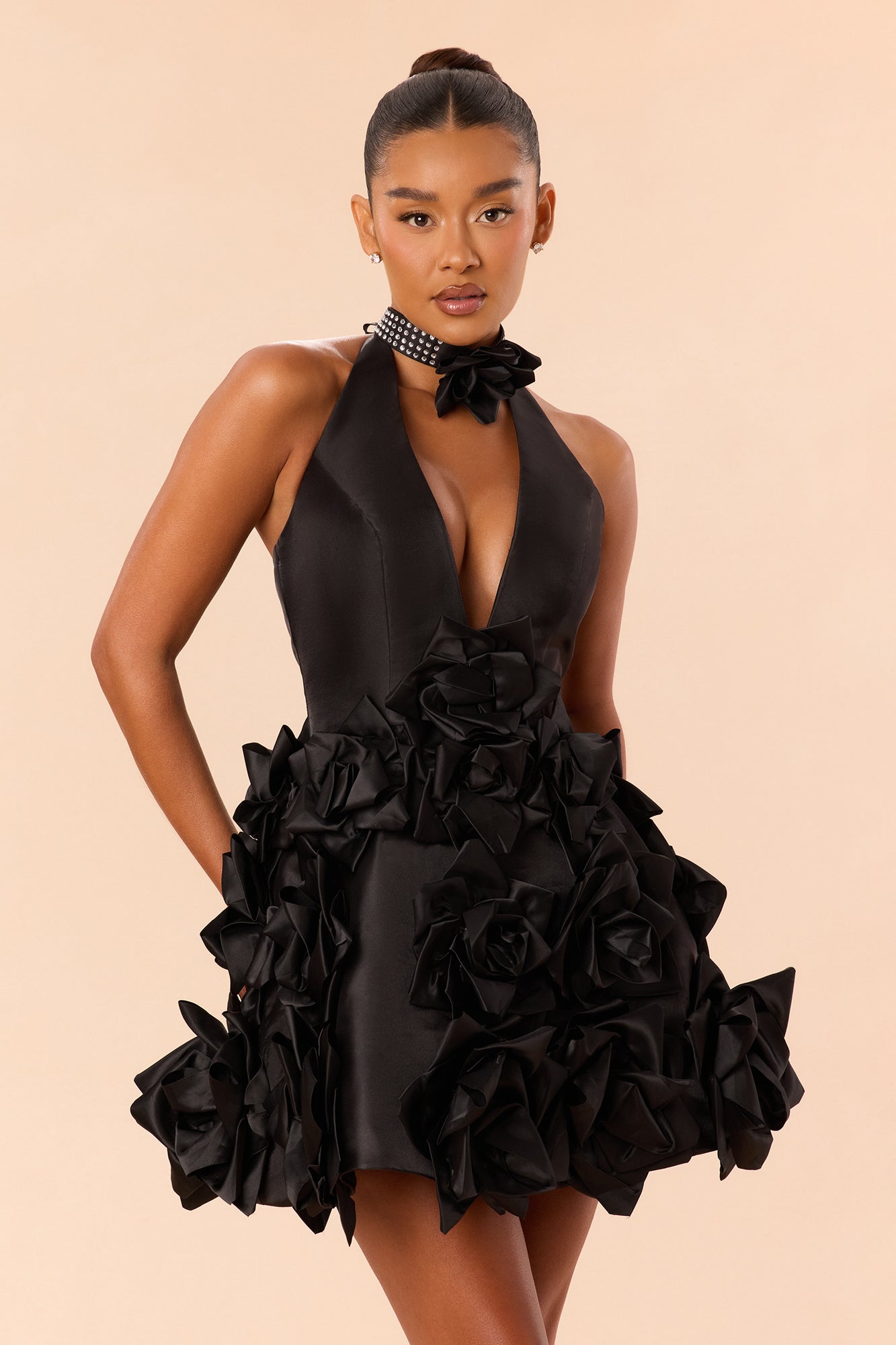 Hallie Chocker Floral Applique Mini Dress - Black