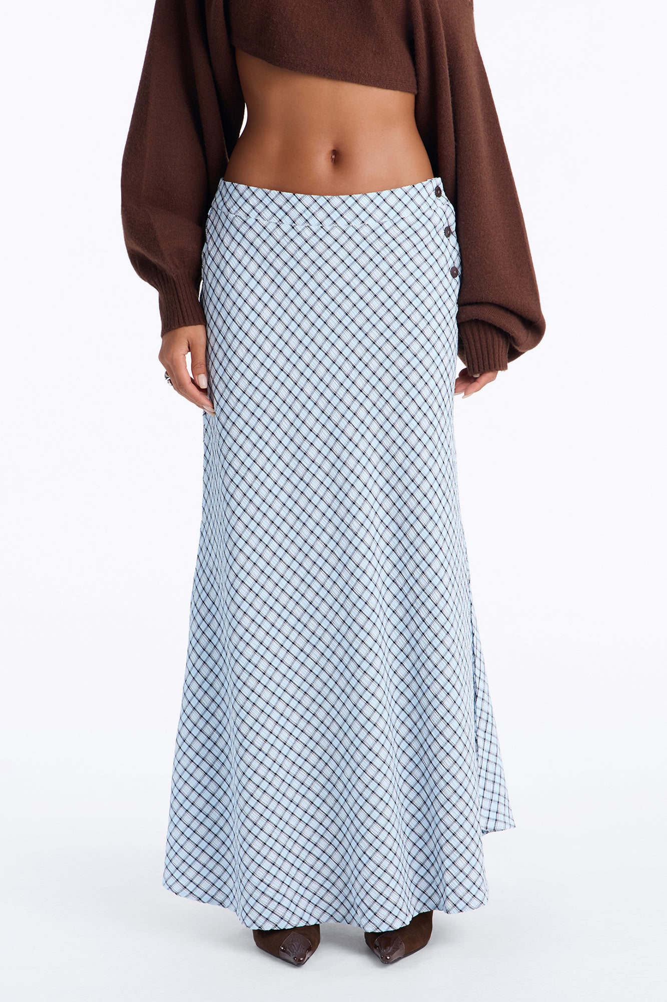 Annabella Plaid Seersucker Ankle Maxi Skirt - Blue/combo