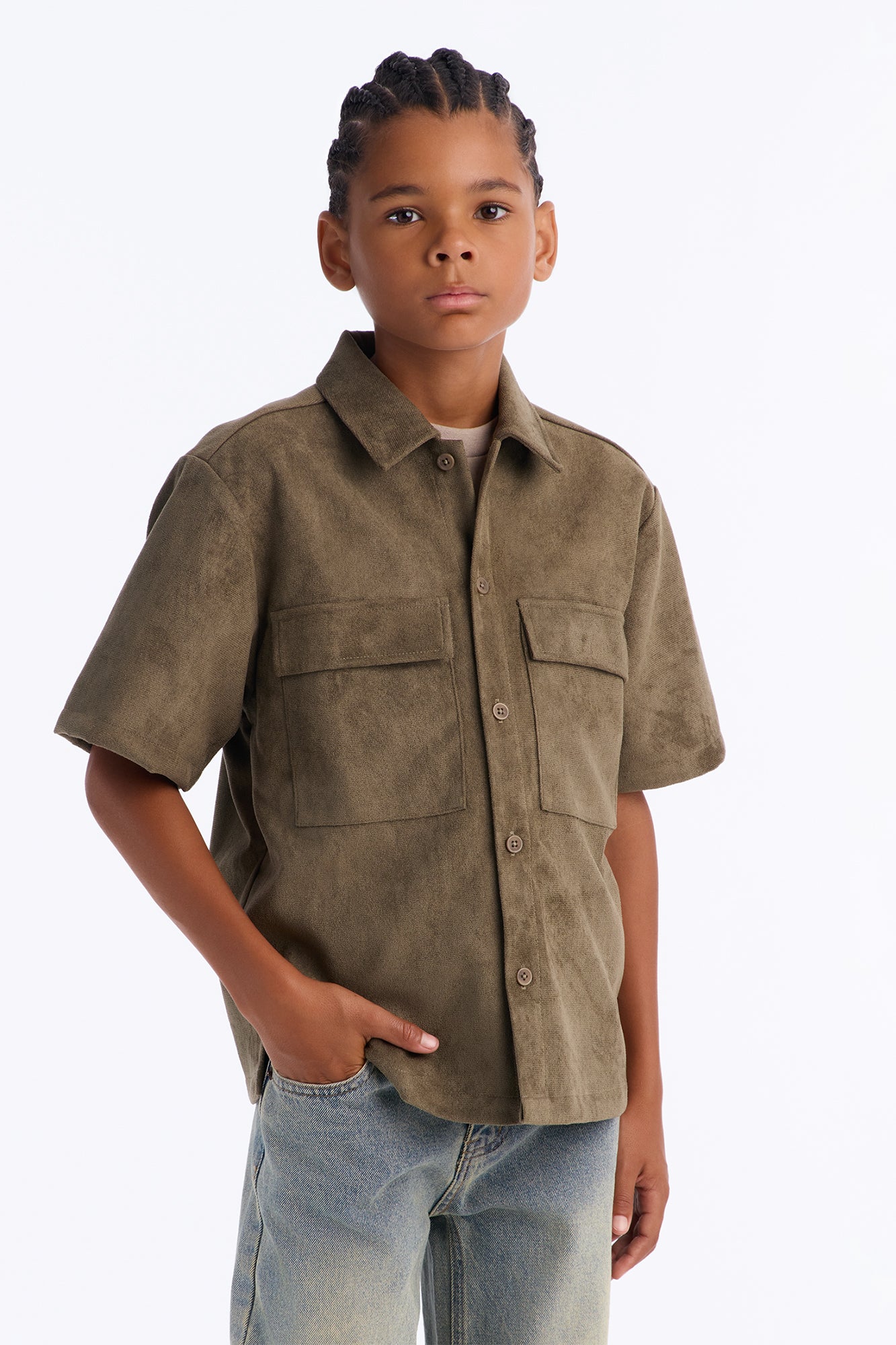 Mini Relaxed Brushed Double Pocket Button Up Shirt - Olive
