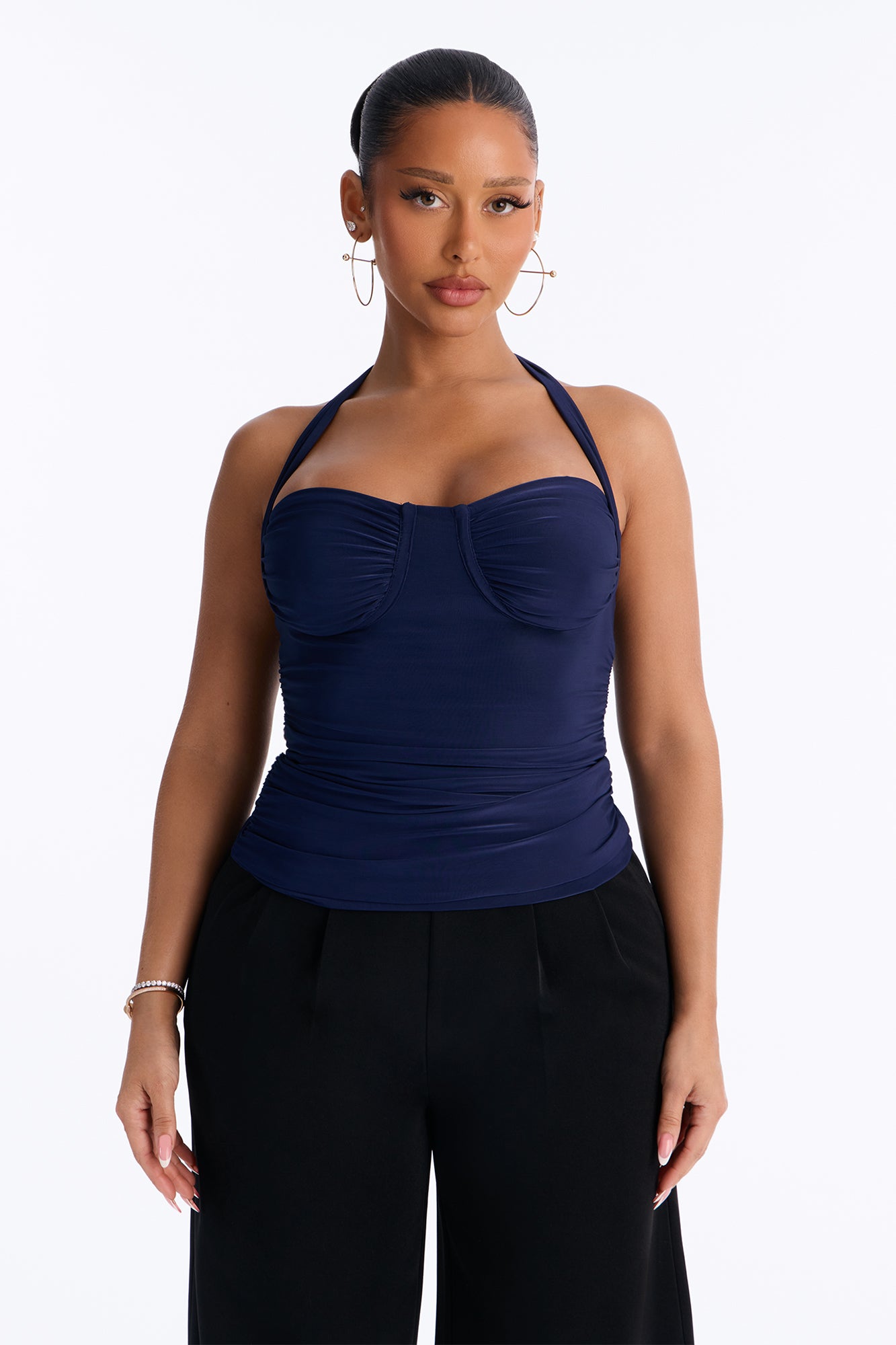 Just A Feeling Ruched Halter Top - Navy