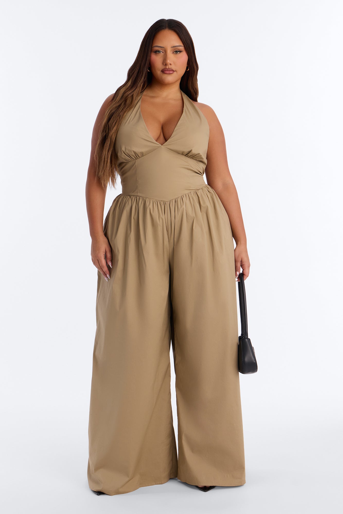 Lighter Than Air Poplin Halter Jumpsuit - Khaki