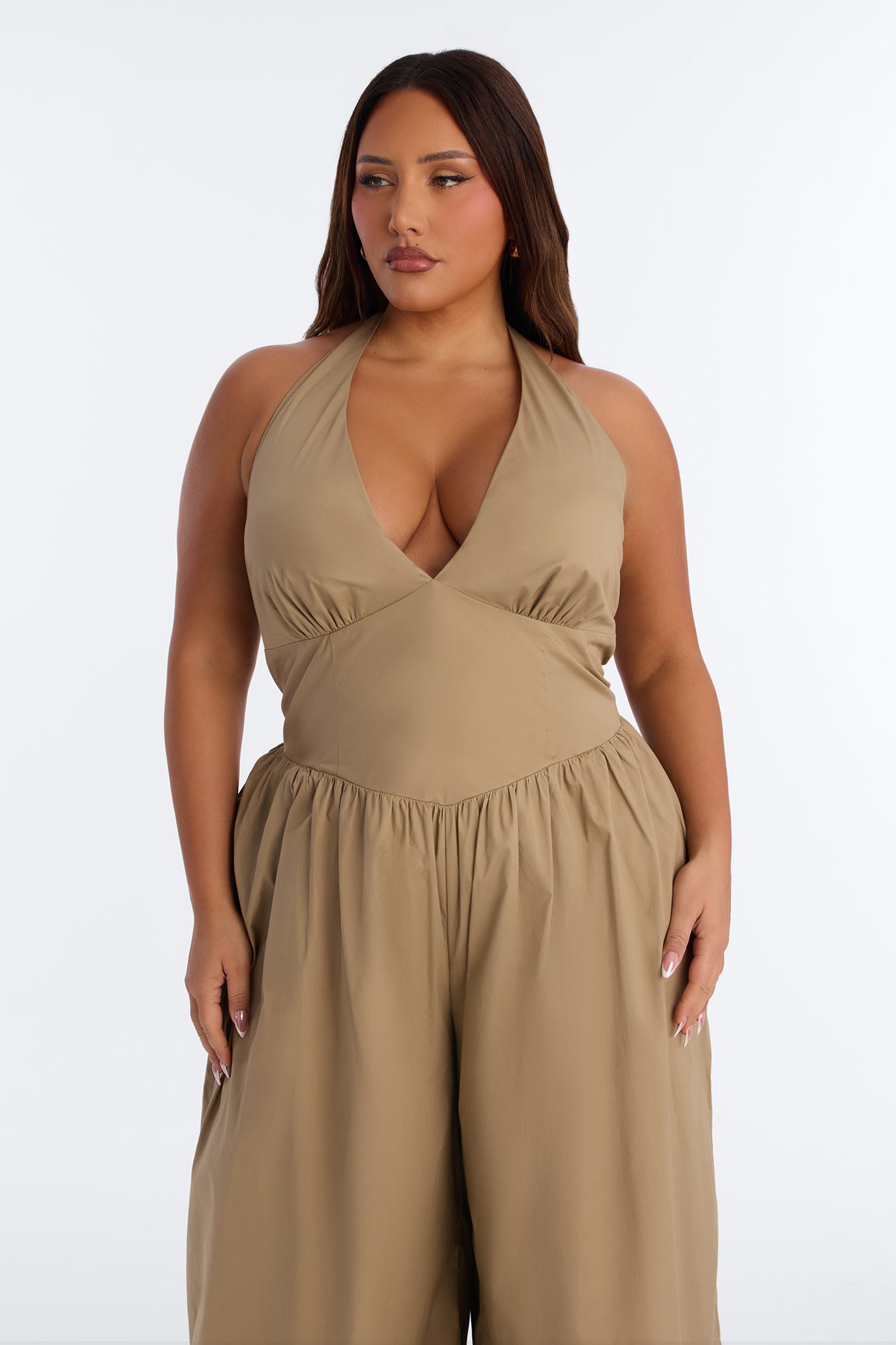 Lighter Than Air Poplin Halter Jumpsuit - Khaki
