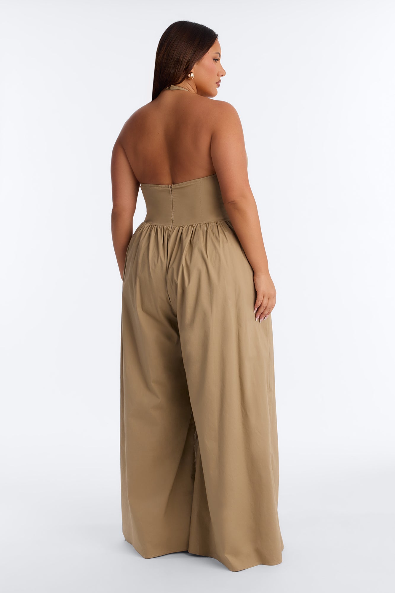 Lighter Than Air Poplin Halter Jumpsuit - Khaki