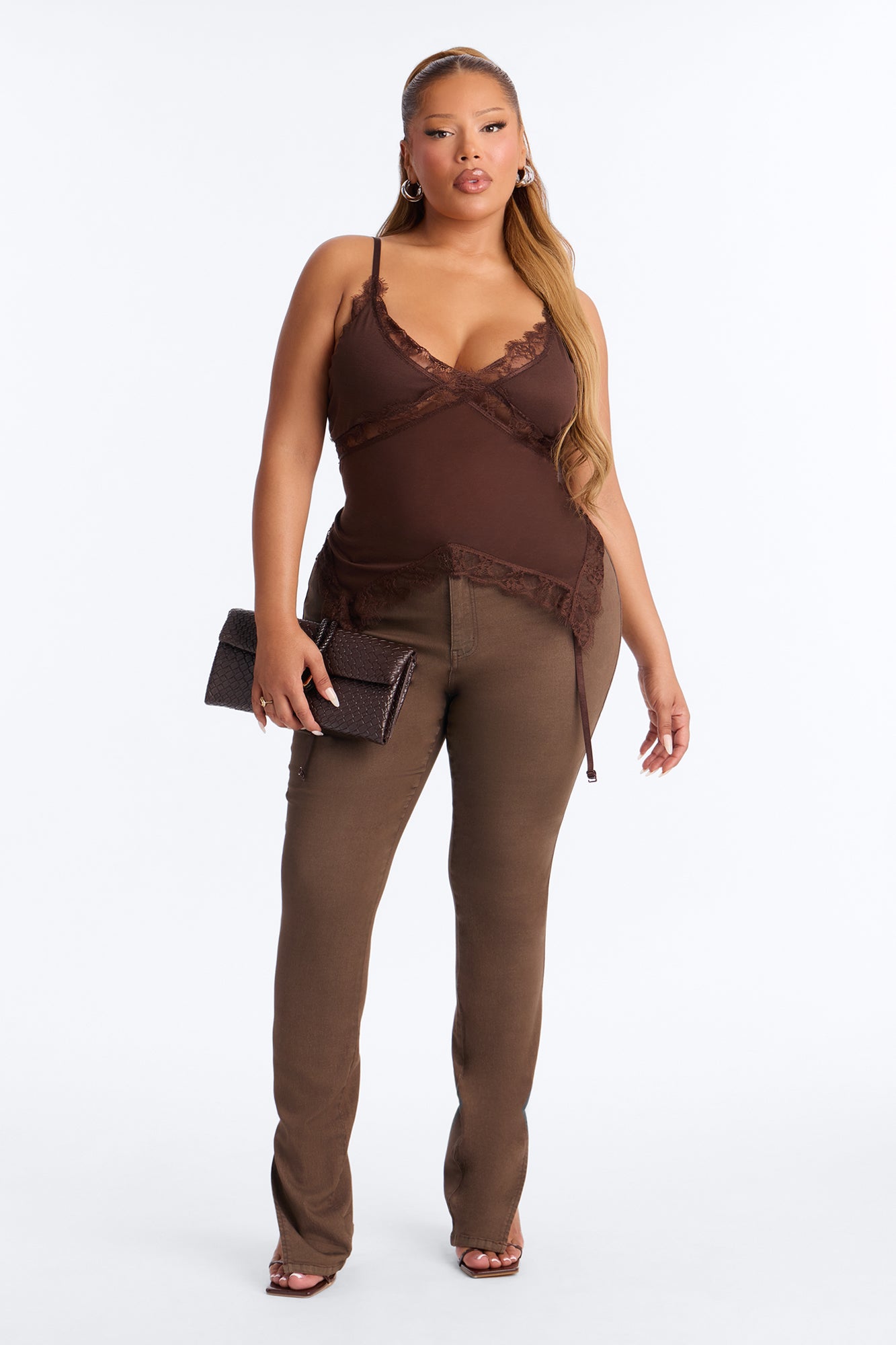 Monroe Lace Trim V-Neck Top - Chocolate