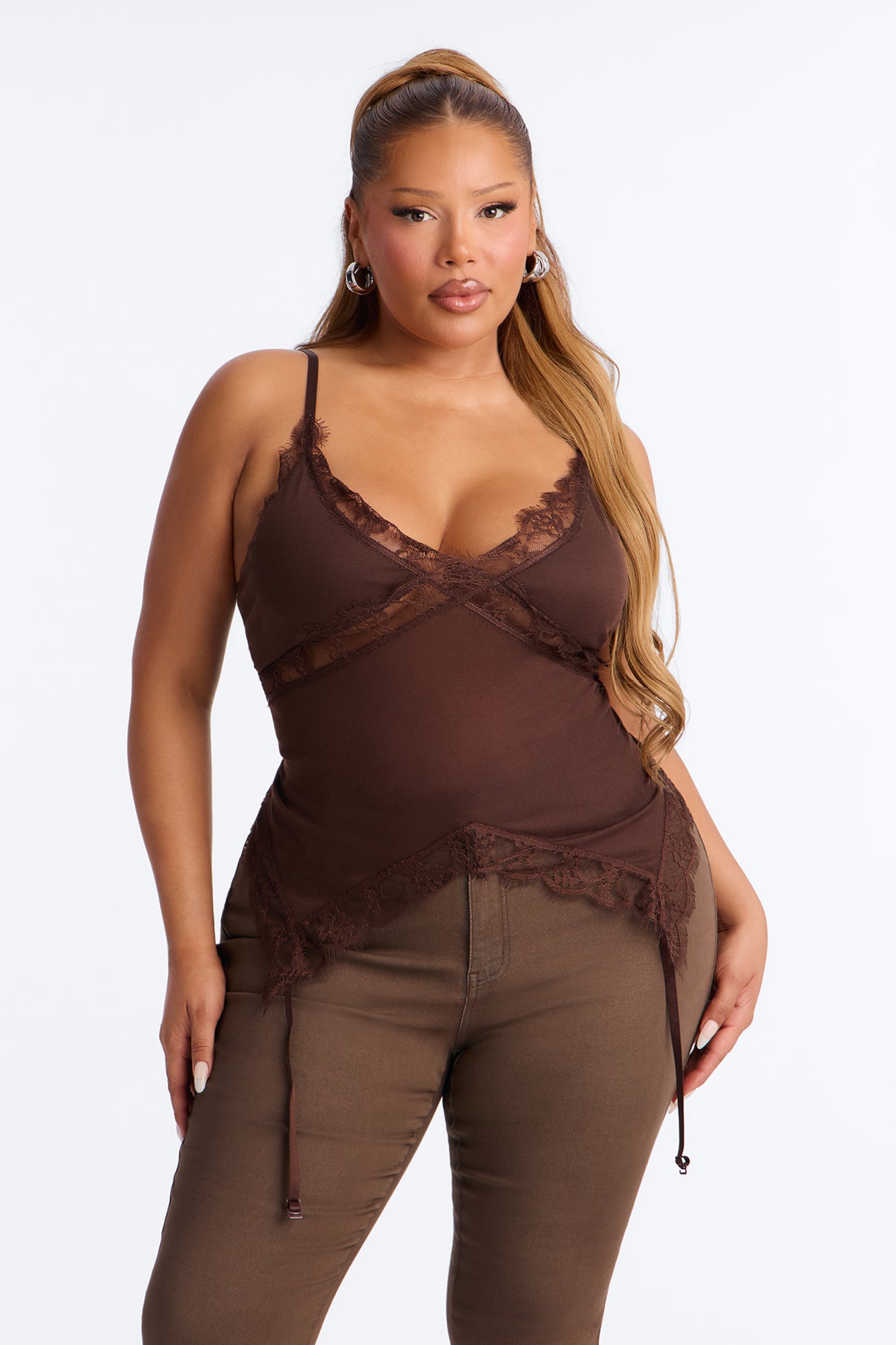 Monroe Lace Trim V-Neck Top - Chocolate