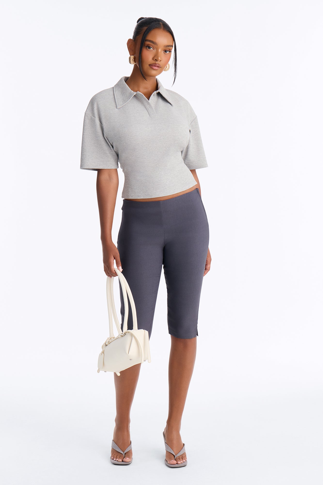 Street Serve Cinched Short Sleeve Polo Top - Heather Grey