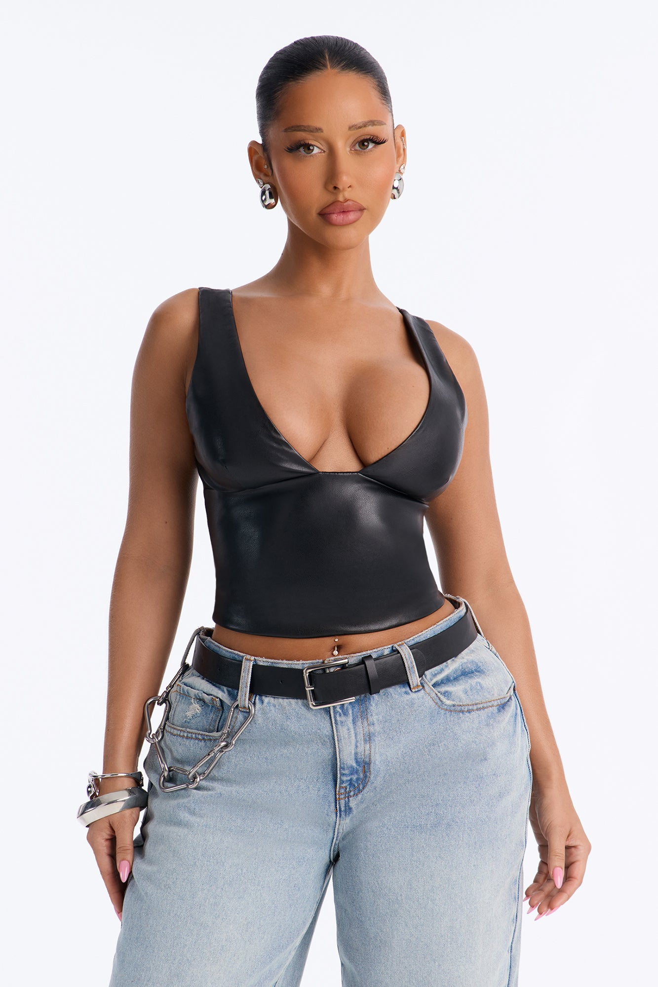 My Favorite Deep V Neck Faux Leather Sleeveless Top - Black