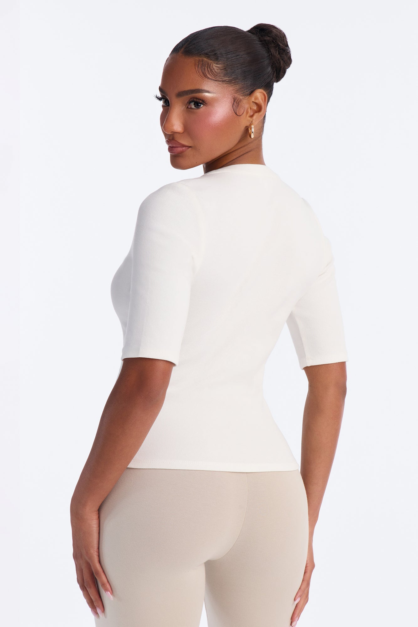 It Girl Elbow Sleeve Ribbed Button Up Top - Ivory