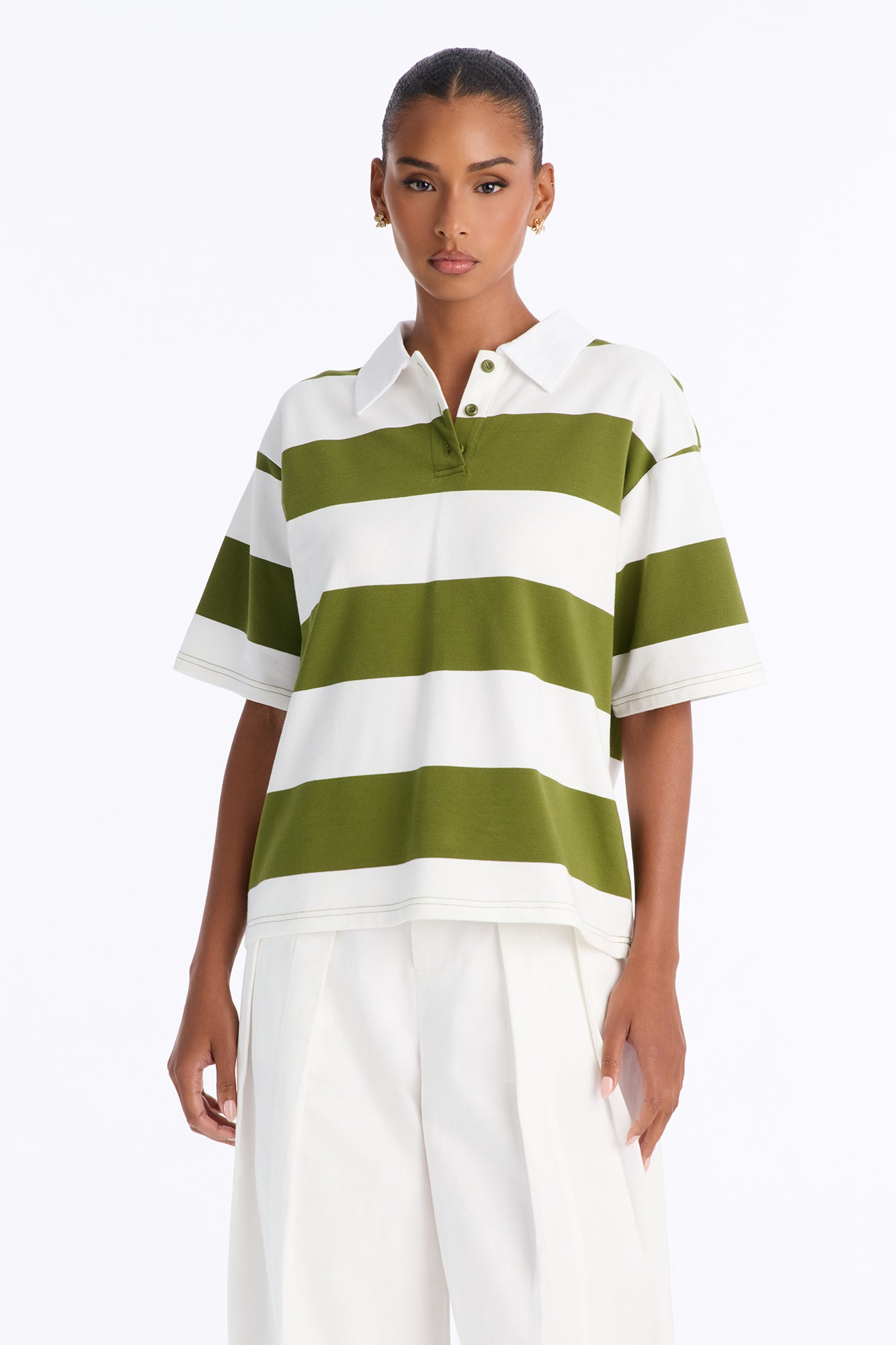 Avery Striped Short Sleeve Polo Top - Olive/combo