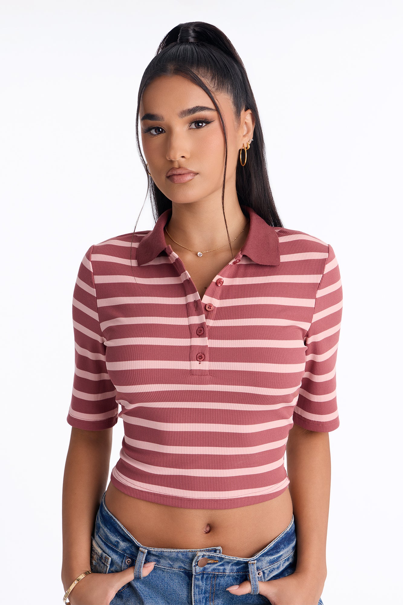 Regina Short Sleeve Polo Top - Mauve/combo