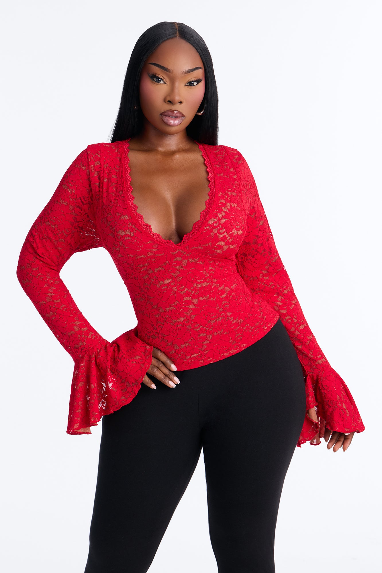 Long Time Lover Ruffle Long Sleeve Top - Red