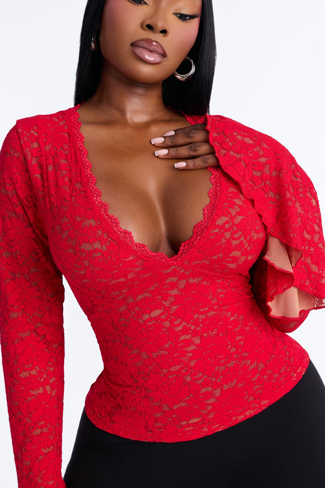 Long Time Lover Ruffle Long Sleeve Top - Red