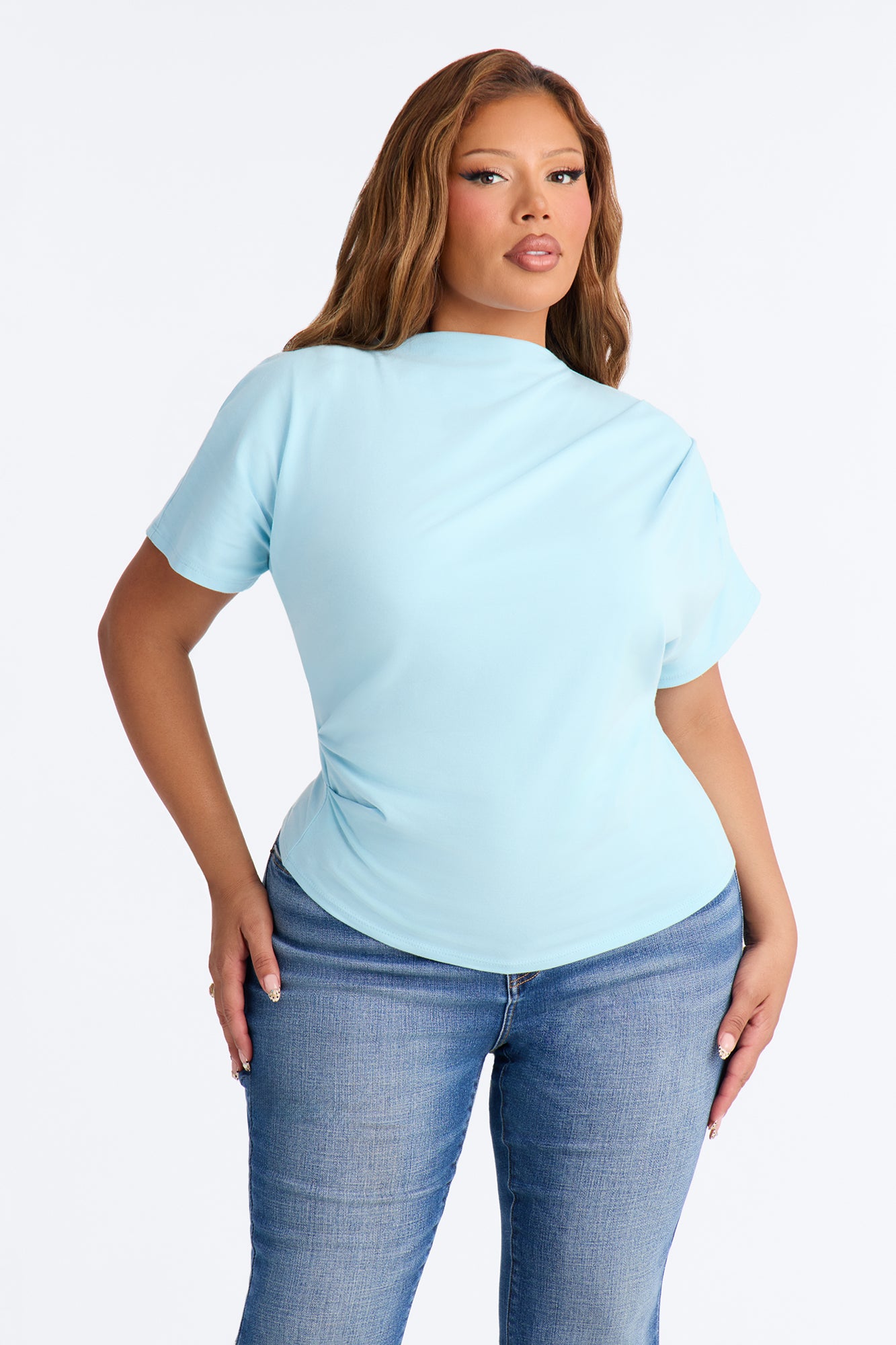 Janice Ruched Mock Neck Short Sleeve Tee - Blue