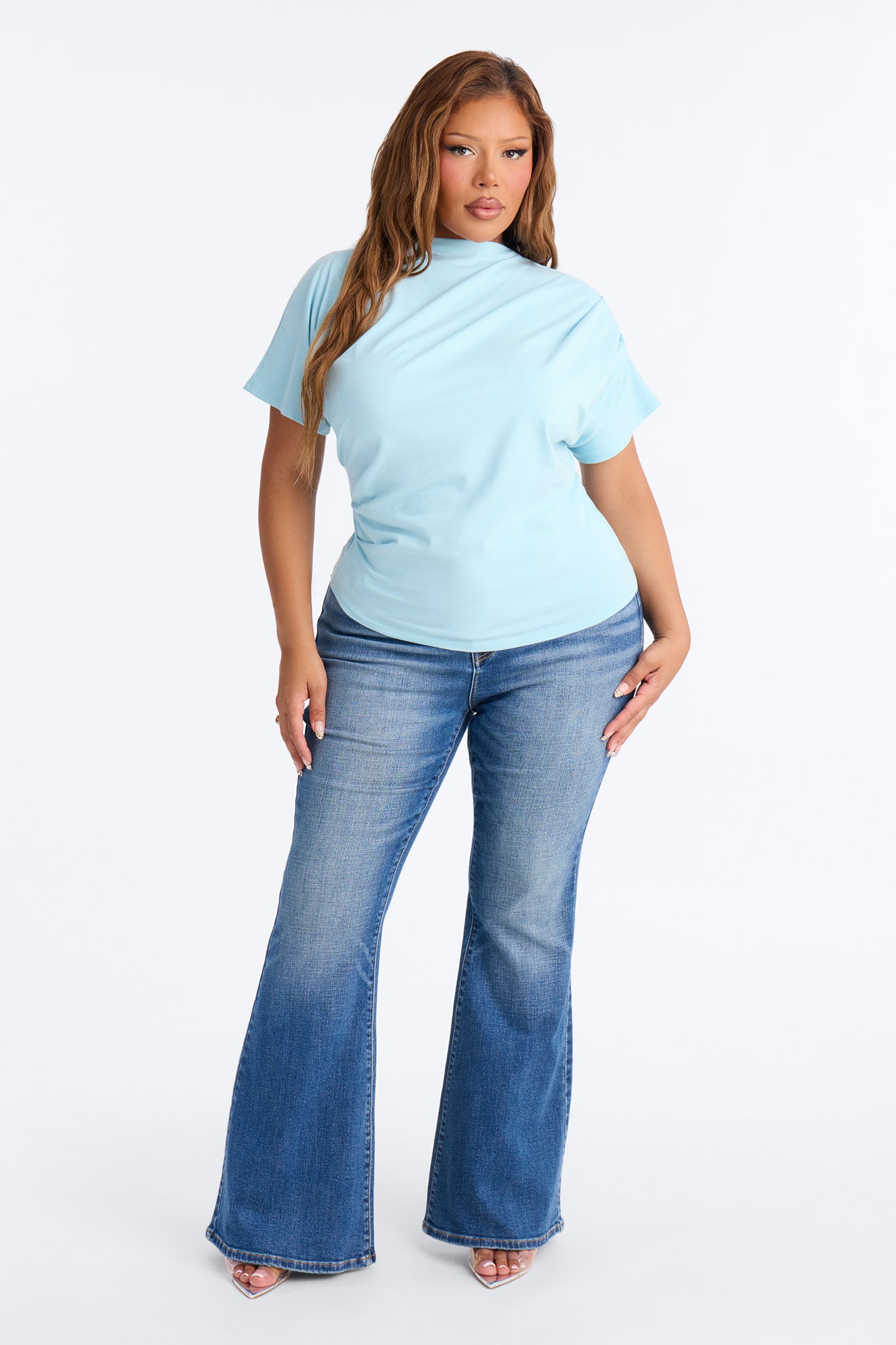 Janice Ruched Mock Neck Short Sleeve Tee - Blue