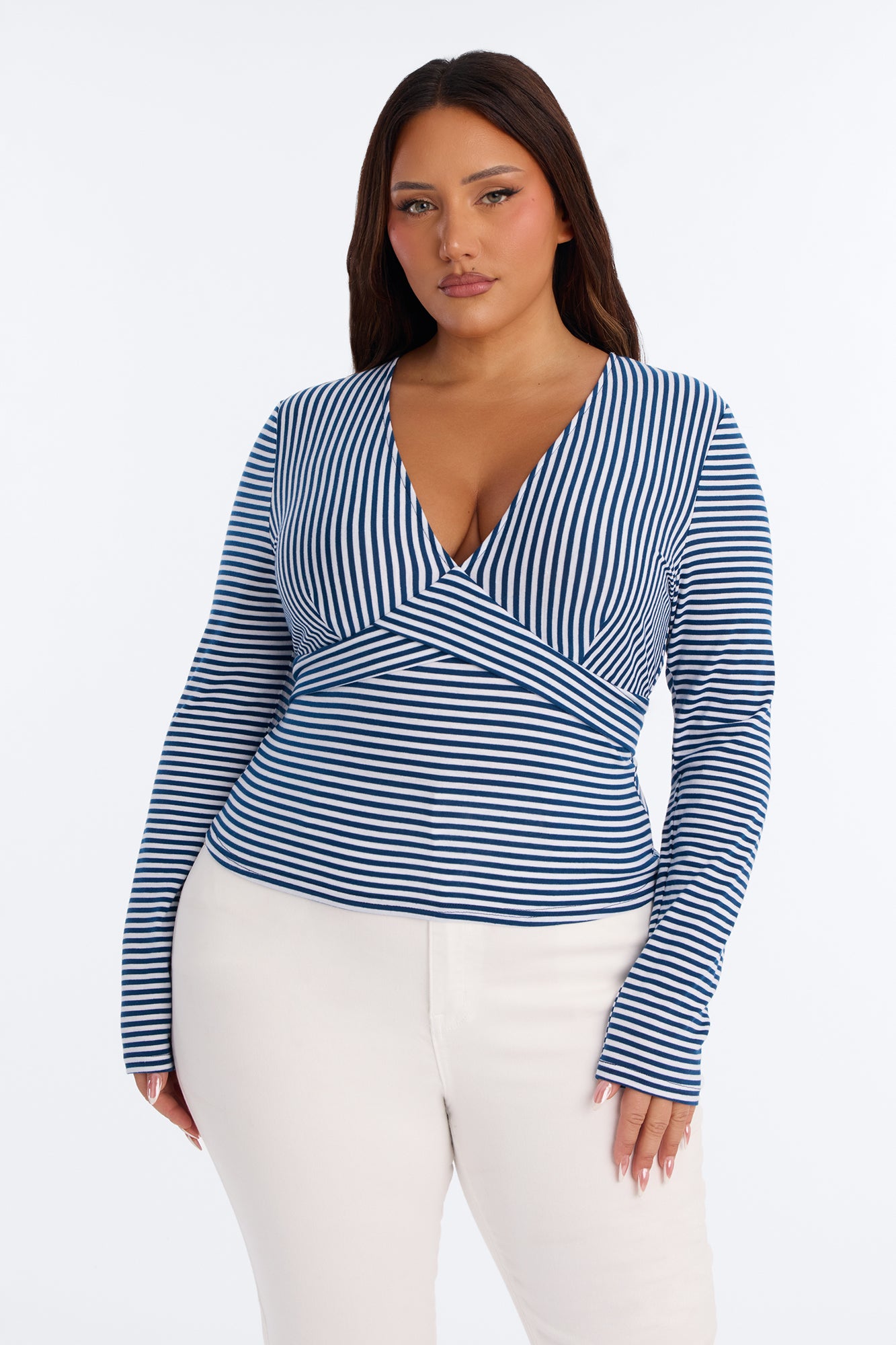 Sydney Striped Tie Back Long Sleeve Top - Navy/combo