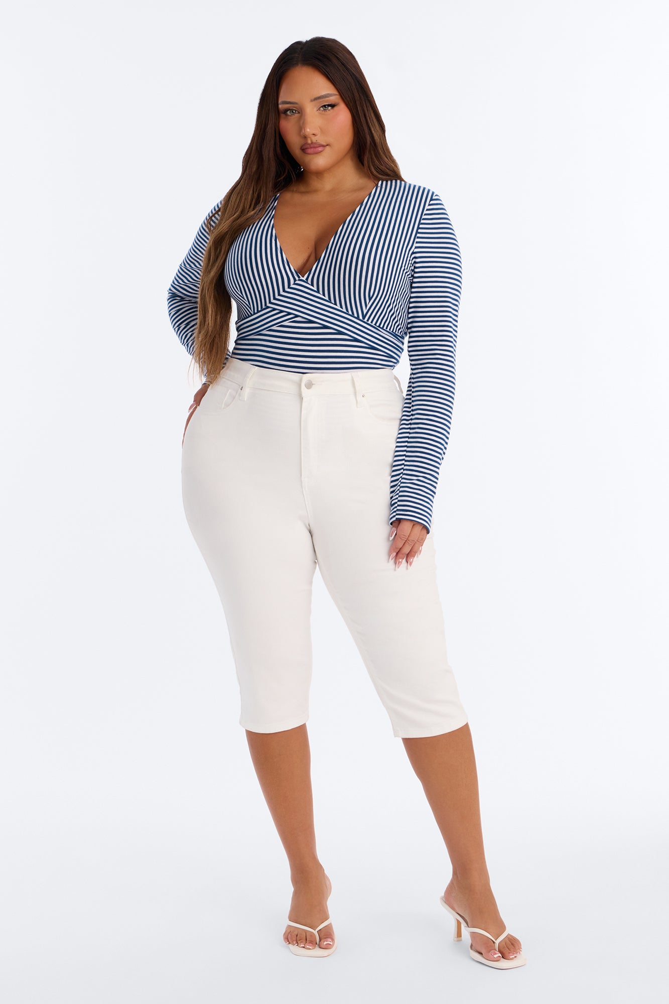 Sydney Striped Tie Back Long Sleeve Top - Navy/combo