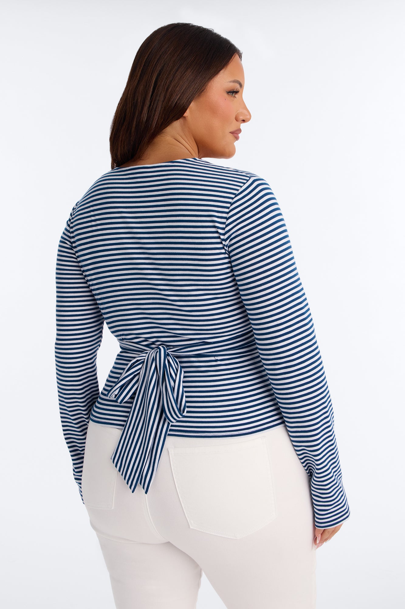 Sydney Striped Tie Back Long Sleeve Top - Navy/combo