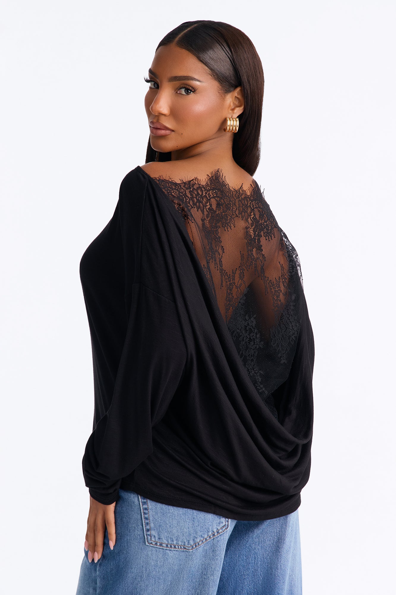 Lani Lace Off Shoulder Long Sleeve Top - Black
