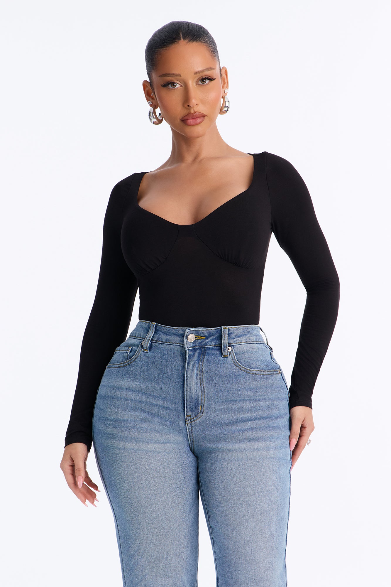 Feminine Seduction V-Neck Long Sleeve Top - Black
