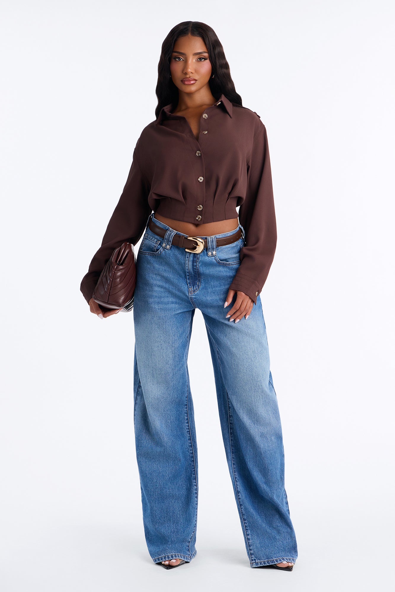 Kami Twill Button Up Long Sleeve Top - Brown