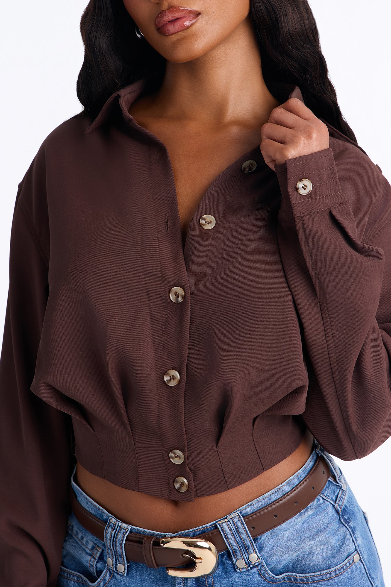 Kami Twill Button Up Long Sleeve Top - Brown