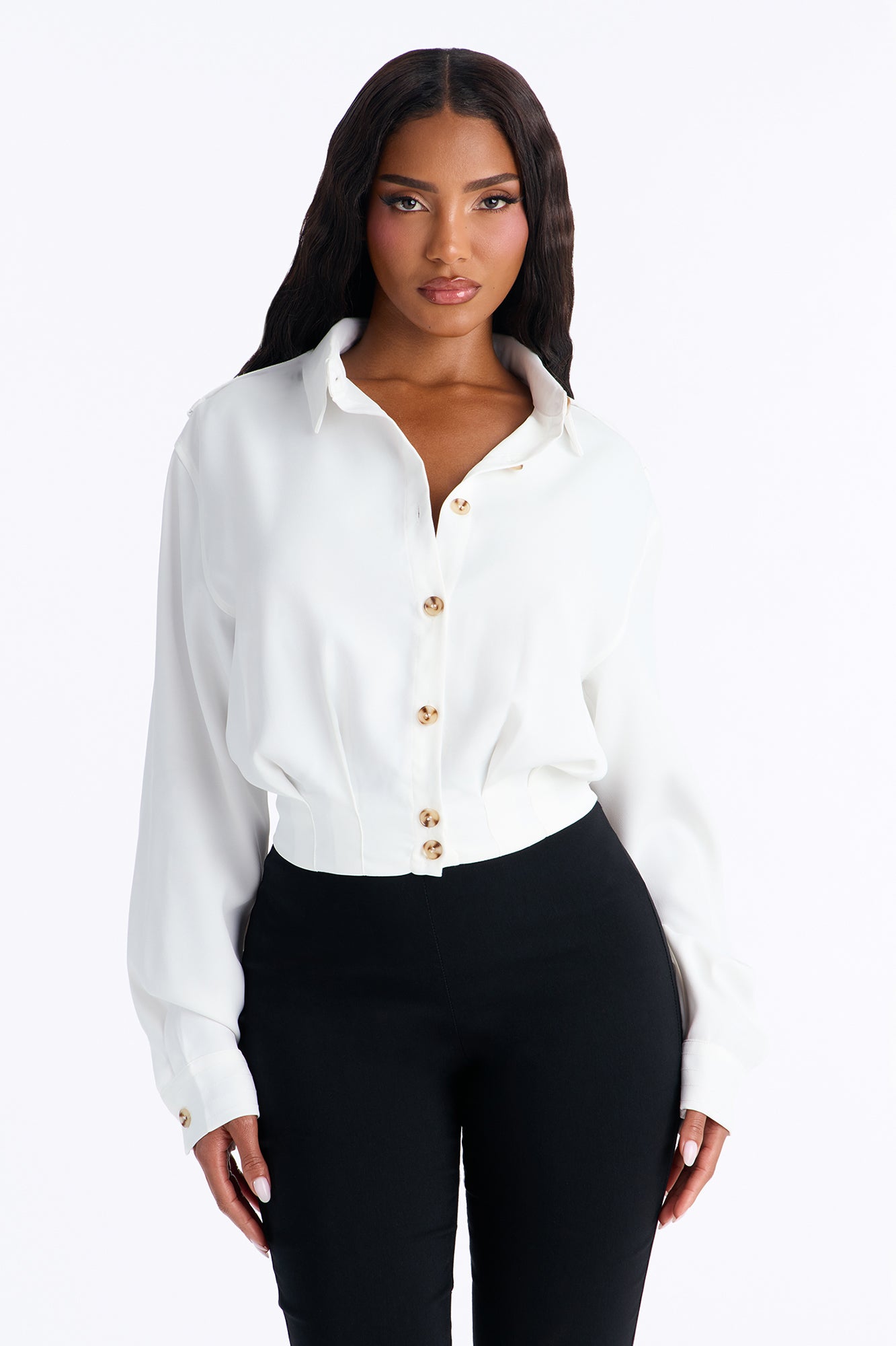 Kami Twill Button Up Long Sleeve Top - White