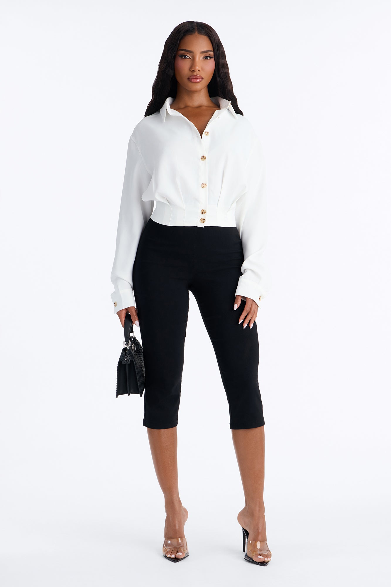 Kami Twill Button Up Long Sleeve Top - White