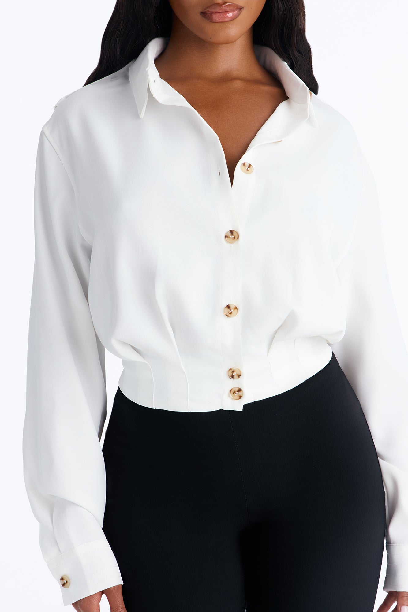 Kami Twill Button Up Long Sleeve Top - White
