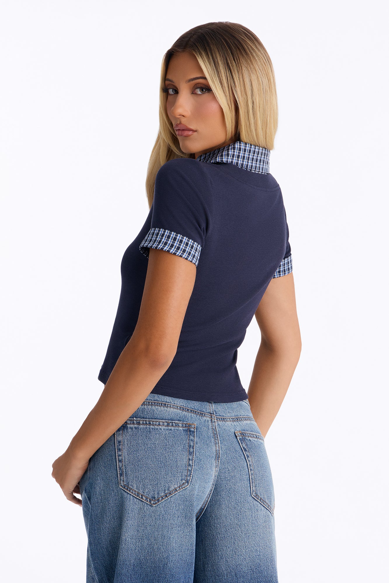 Carla Ribbed Collared Short Sleeve Top - Navy