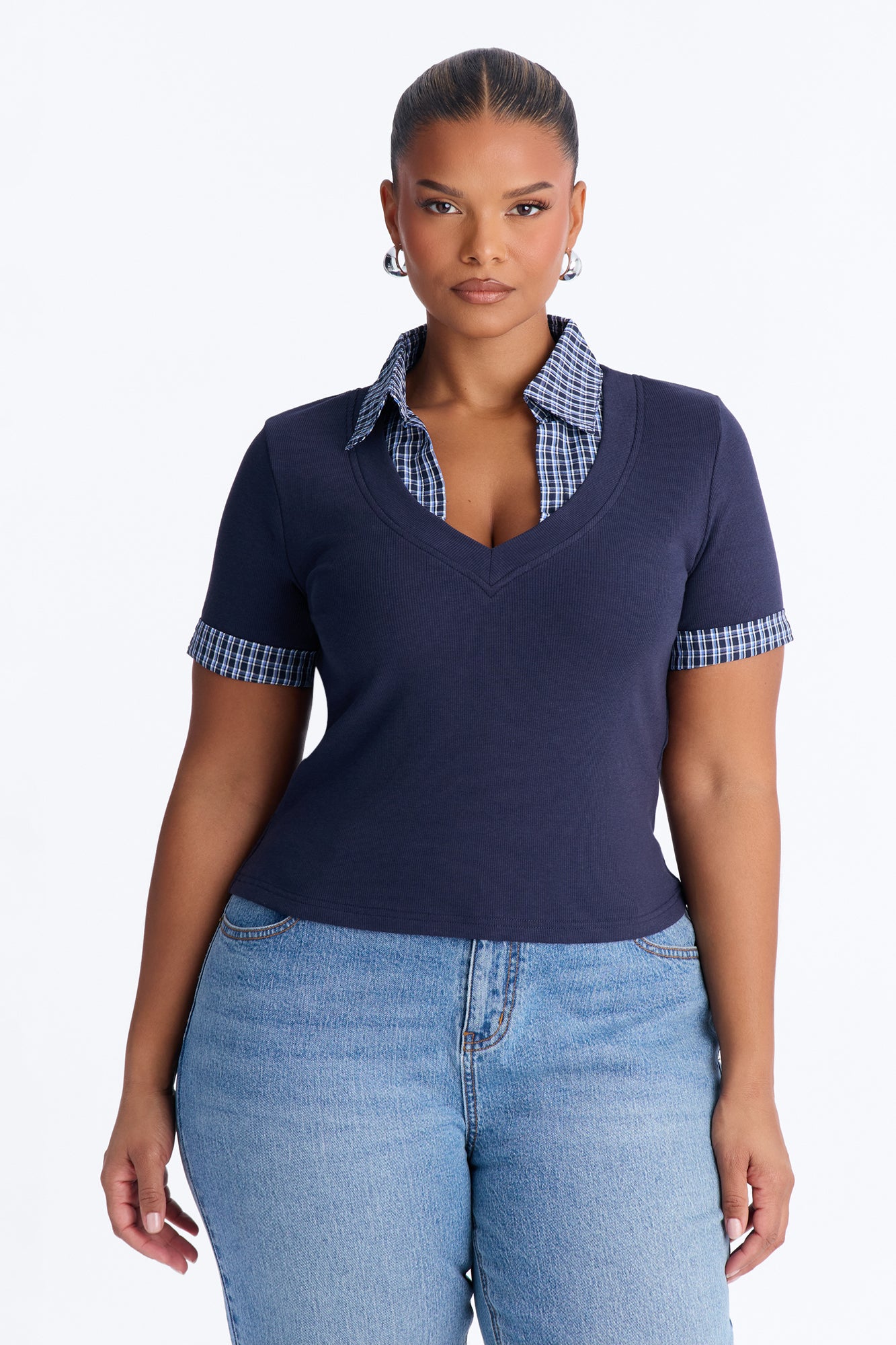 Carla Ribbed Collared Short Sleeve Top - Navy