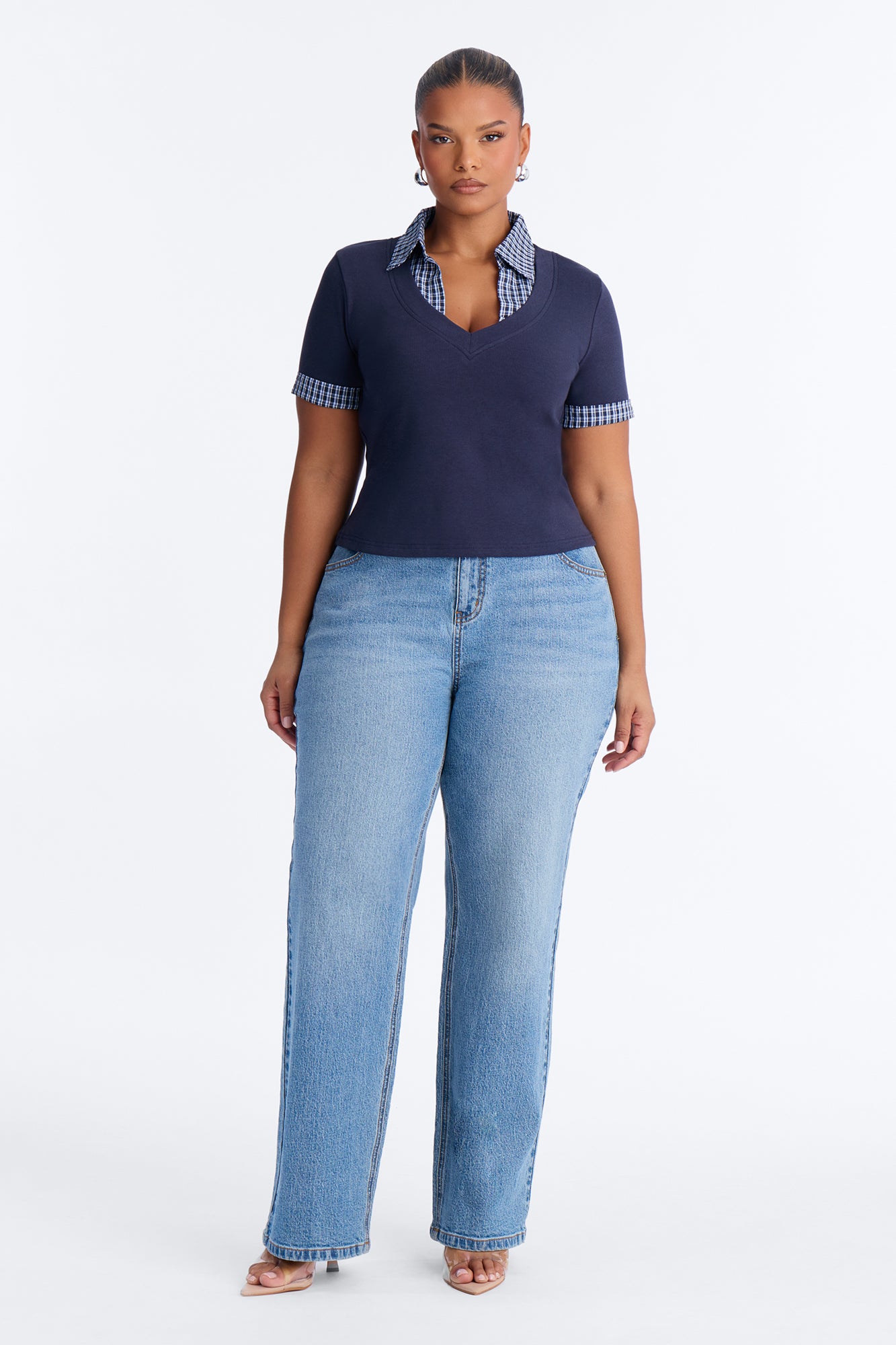 Carla Ribbed Collared Short Sleeve Top - Navy