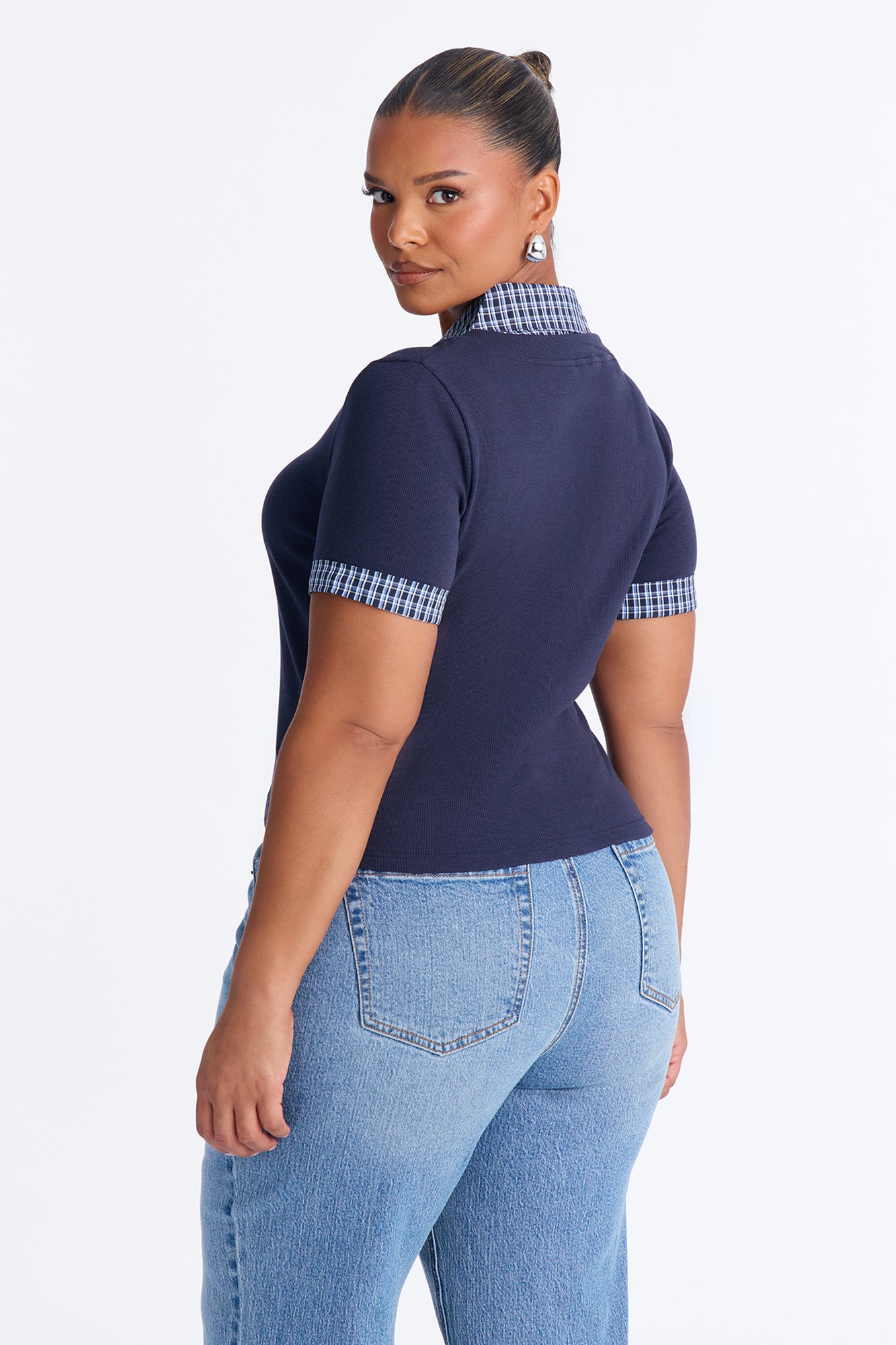 Carla Ribbed Collared Short Sleeve Top - Navy