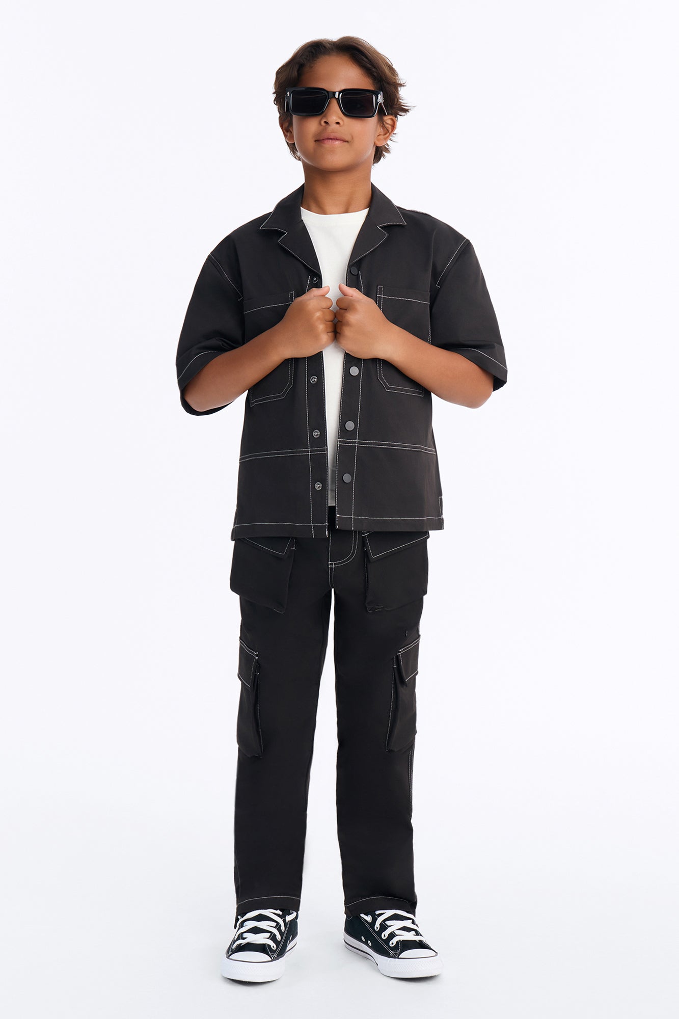 Mini Curtis Contrast Stitch Relaxed Cargo Pants - Black