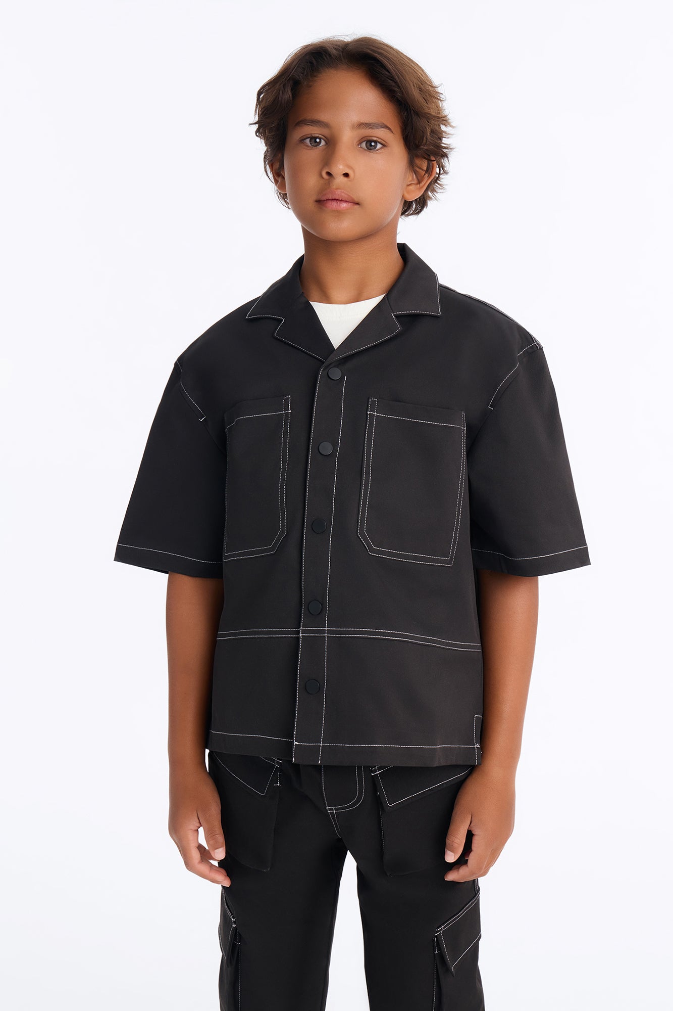 Mini Curtis Contrast Stitch Boxy Shirt - Black