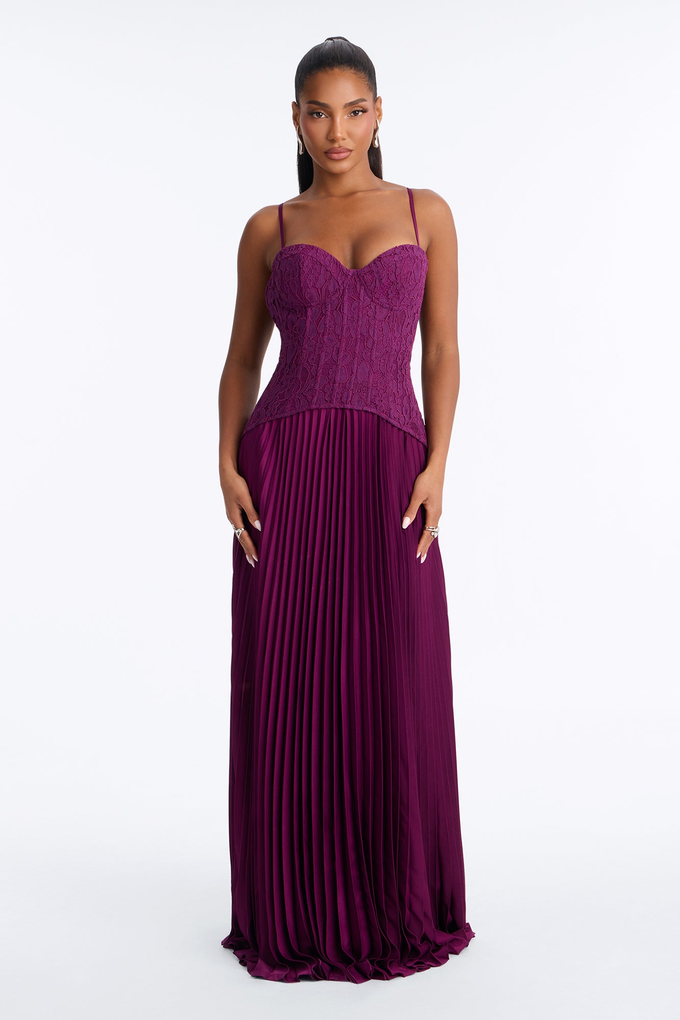 Daniella Lace Corset Pleated Maxi Dress - Wine