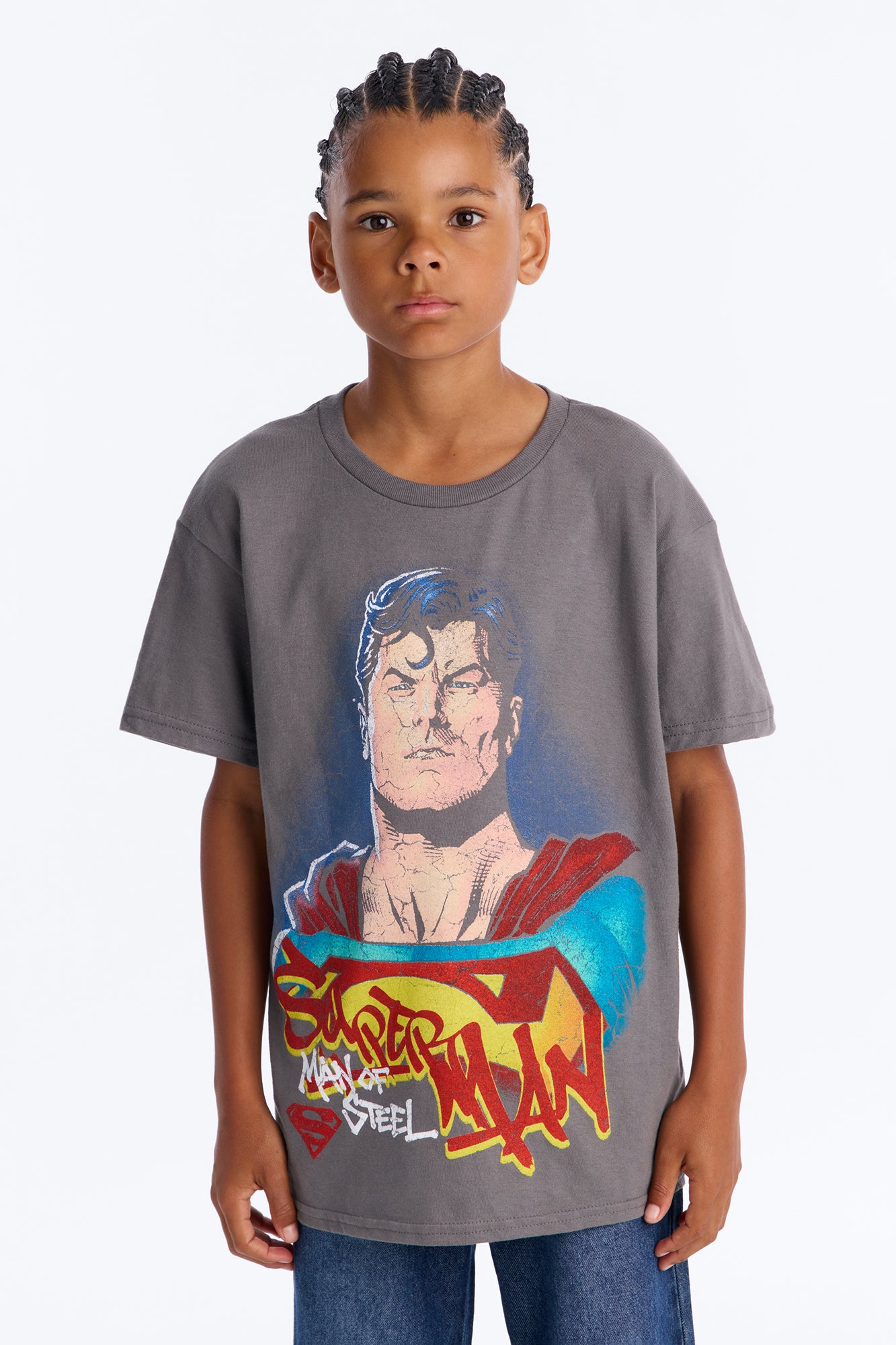Mini Superman Man Of Steel Vintage Heavy Weight Distressed Short Sleeve Tee - Charcoal