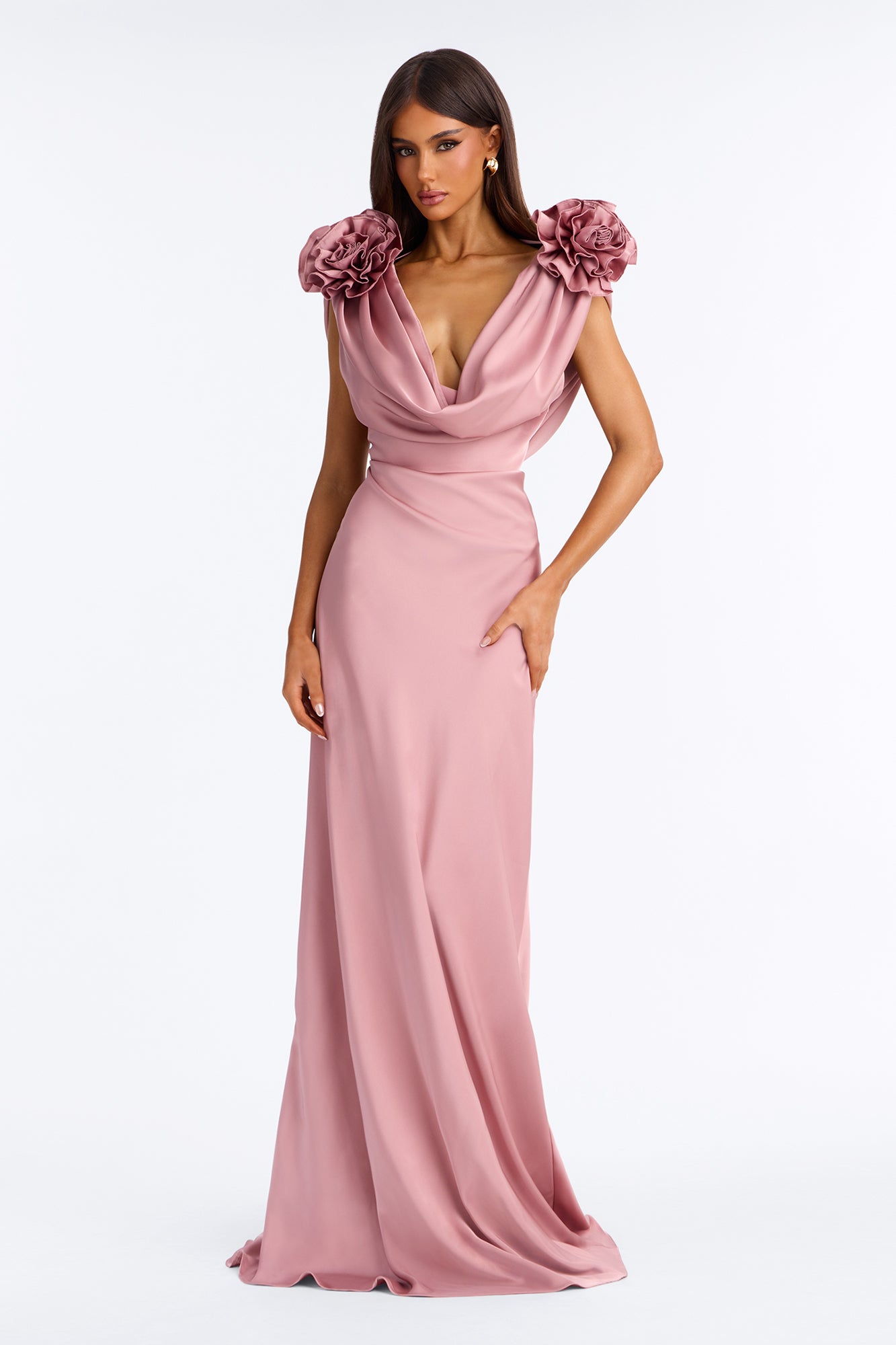 Positano Cowl Neck Satin Maxi Dress - Mauve