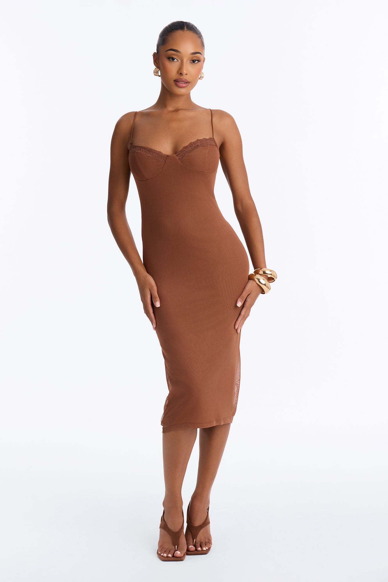 Lynn Lace Trim Mesh Midi Dress - Brown